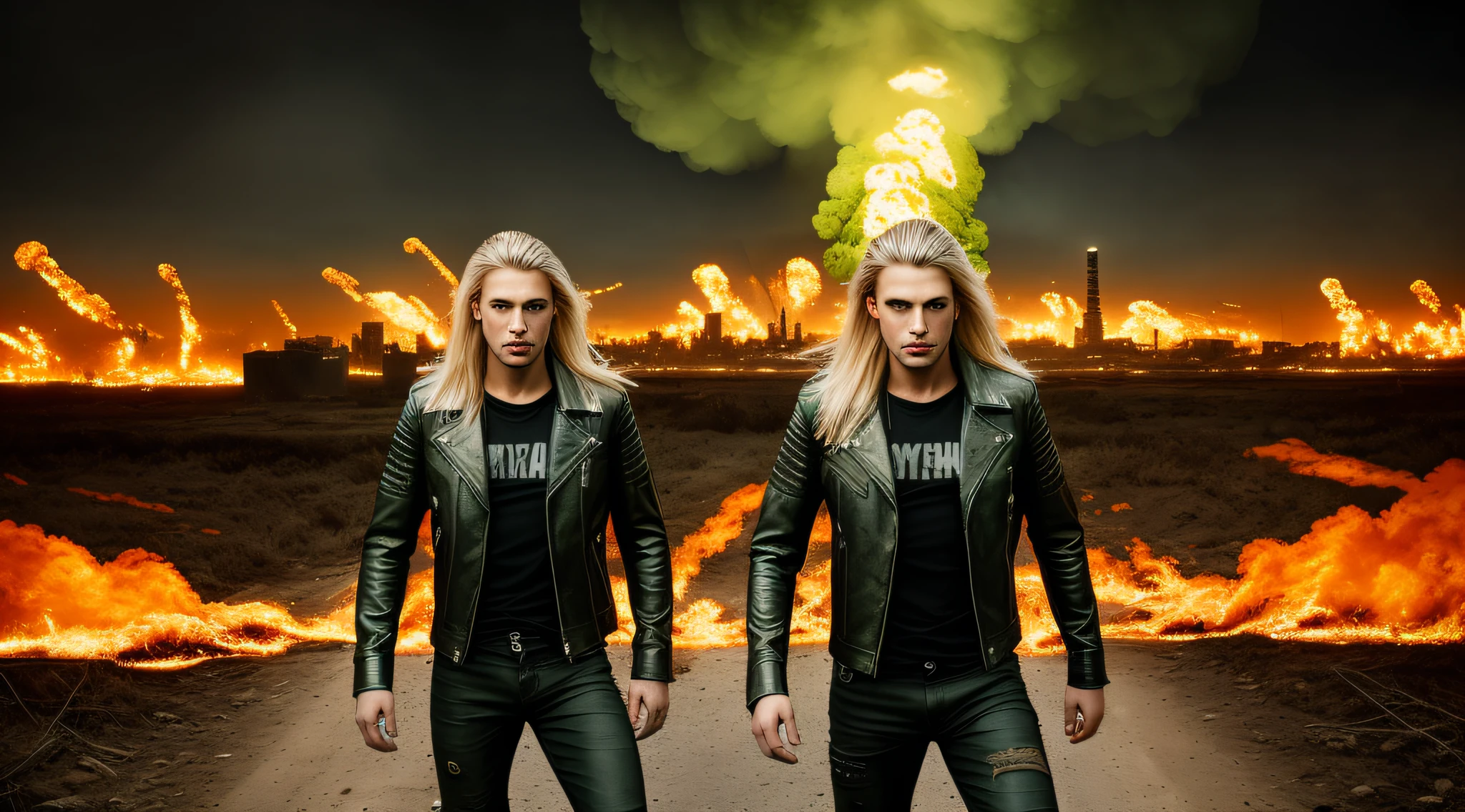 RAW, Award-winning Glamour photography of 3 three boys leather jacket black t-shirt and jeans, long blonde hair, close up, portrait, hyper-detailed, camouflaged, post-apocalyptic, nuclear Armageddon, burning cityscape background at night, sandy, dirt, mushroom cloud, swollen, erect, lots of green flames.
