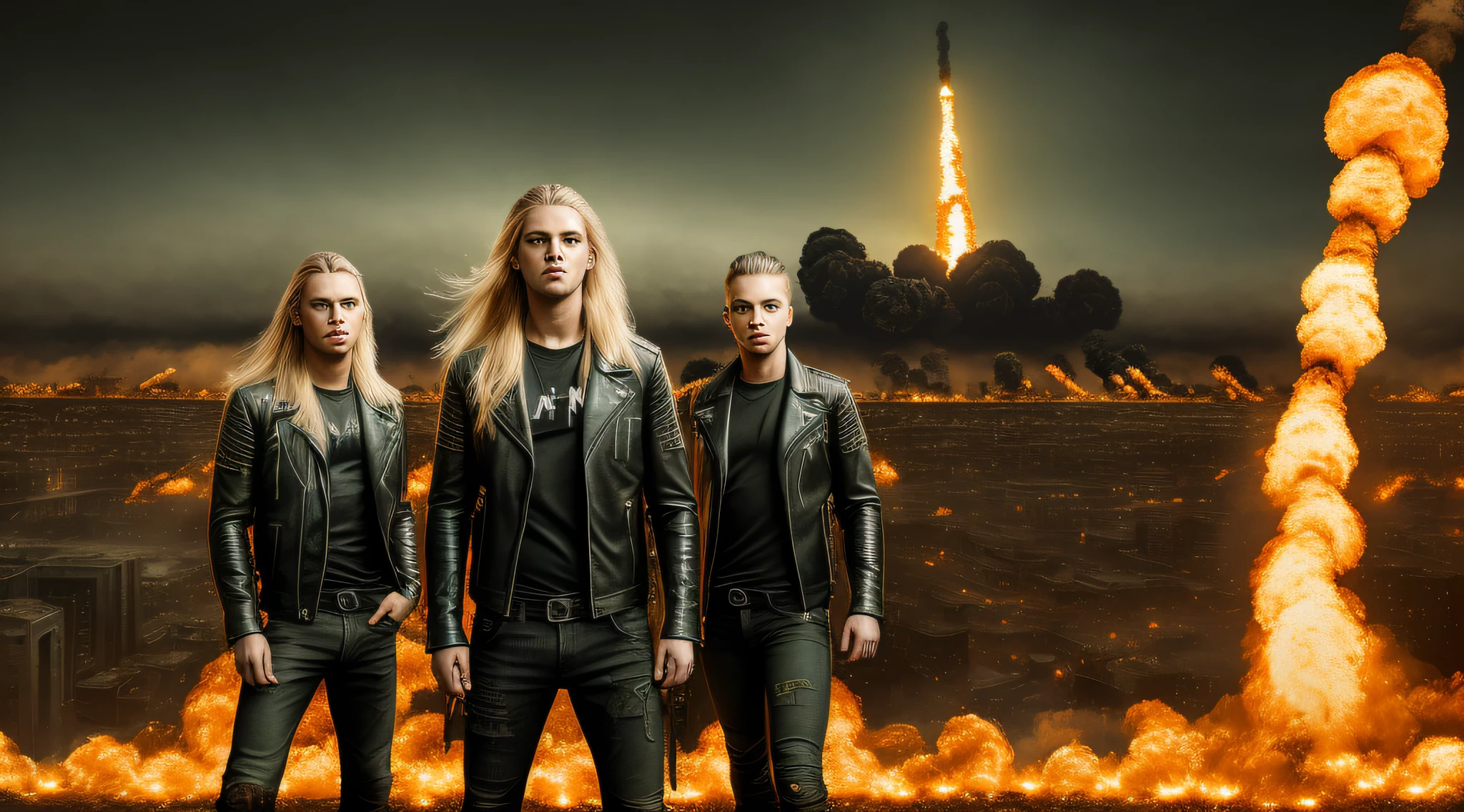 RAW, Award-winning Glamour photography of 3 three boys leather jacket black t-shirt and jeans, long blonde hair, close up, portrait, hyper-detailed, camouflaged, post-apocalyptic, nuclear Armageddon, burning cityscape background at night, sandy, dirt, mushroom cloud, swollen, erect, lots of green flames.