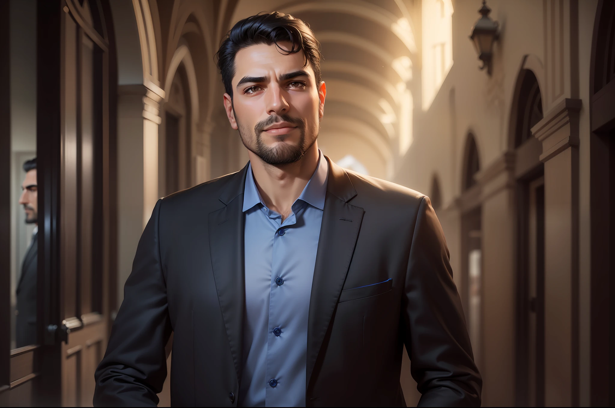 Man in suit and blue shirt posing for a photo, elegant straight black hair with hairstyle that hair is not falling on the forehead, proportional and harmonic nose, Emad Mostaque, Sam Nassour, Nekro Petros Afshar, professional profile picture, Farid Ghanbari, Eytan Zana, David Rios Ferreira, corporate portrait, Elias Chatzoudis, George Doutsiopoulos, by Yehia Dessouki, professional corporate portrait. Model similar to Pixar drawings --auto --s2