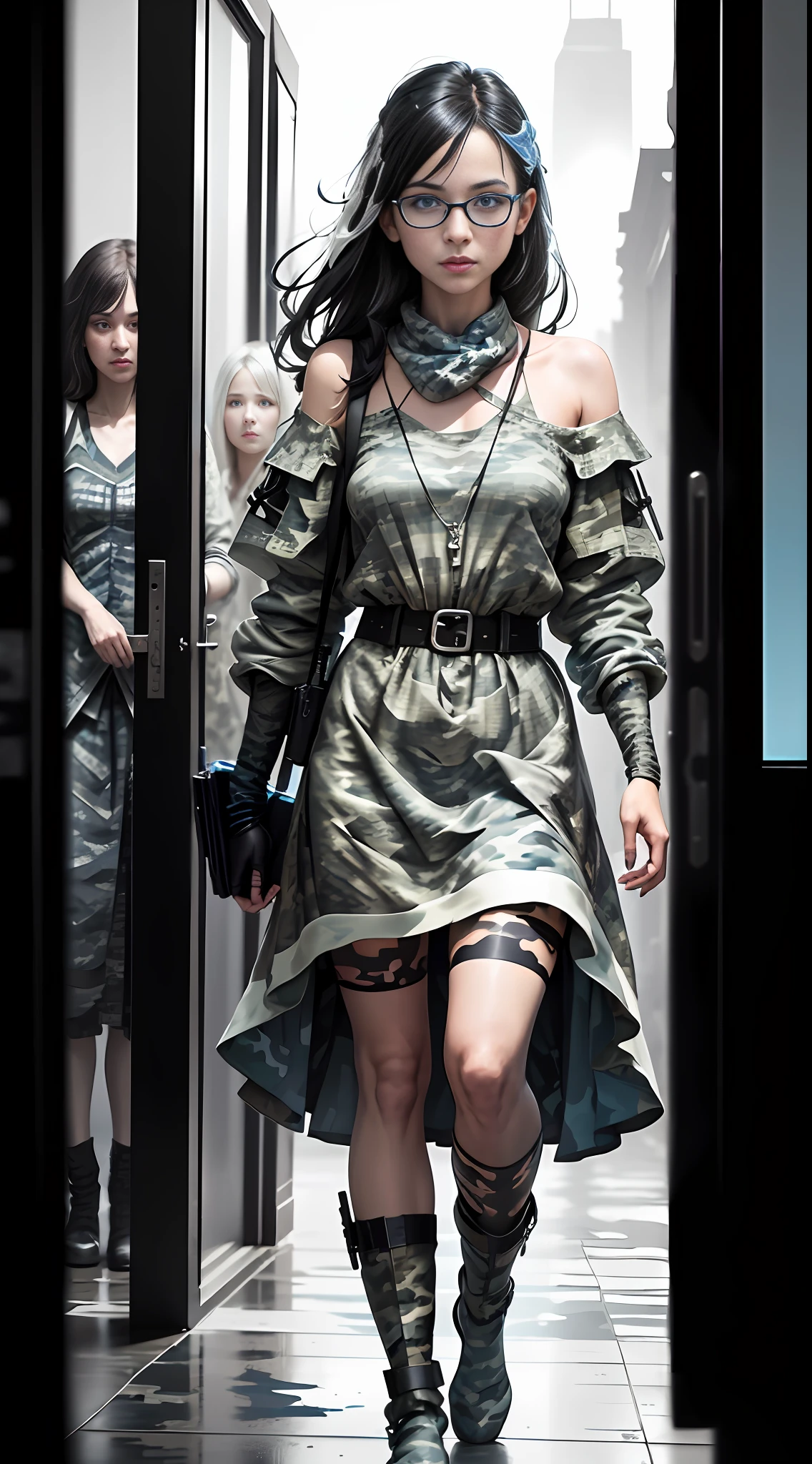 (((6 Girls:1.3))) (genetic artwork), realistic epic, hyperrealistic style. with bright blue eyes.walking down a city street in a White dress, Jeremy Mann style, James Gurney painting style, fully clothed. sexy painting, jeremy mann art, by Marek Okon, Leonid Afremov painting, wadim kashin. ultra-realistic, by Carlos Berlanga, influenced by Jeremy Mann, elegant Clean Lines. (((Black and White Blue Camouflage:1.6))), Glasses reflecting light, art by greg rutkowski and artgerm, soft cinematic light, adobe lightroom, photolab, hdr, intricate, highly detailed, (depth of field:1.4), (natural skin texture, hyperrealism, soft, crisp light:1.2), (dark photo:1.22), neutral colors, (hdr:1.4), (muted colors:1.4), (intricate), (artstation:1.2), hyperdetailed, dramatic, intricate details, (technicolor:0.9), (rutkowski:0.8), cinematic, detailed, (intricate details:1.12), HDR, (intricate details, hyperdetailed:1.15)