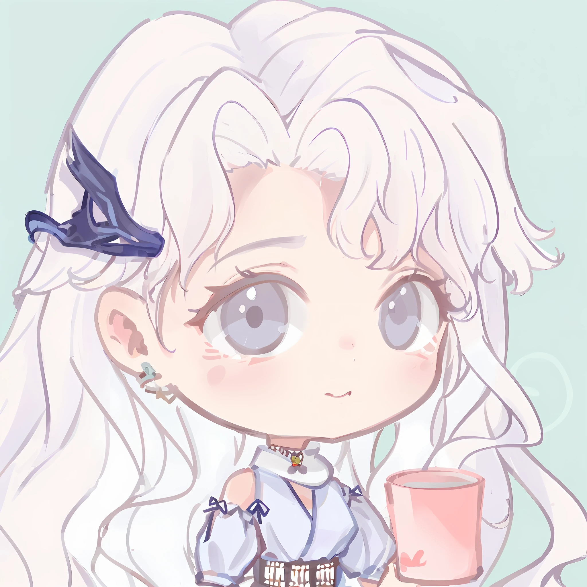 anime girl with a cup of coffee and a bird, white haired, loli, detailed fanart, is ((drinking a cup of tea)), chibi, girl with white hair, white-haired, chibi art, silver hair girl, silver hair (ponytail), white haired lady, halfbody portrait, silver haired, white haired deity, cute portrait