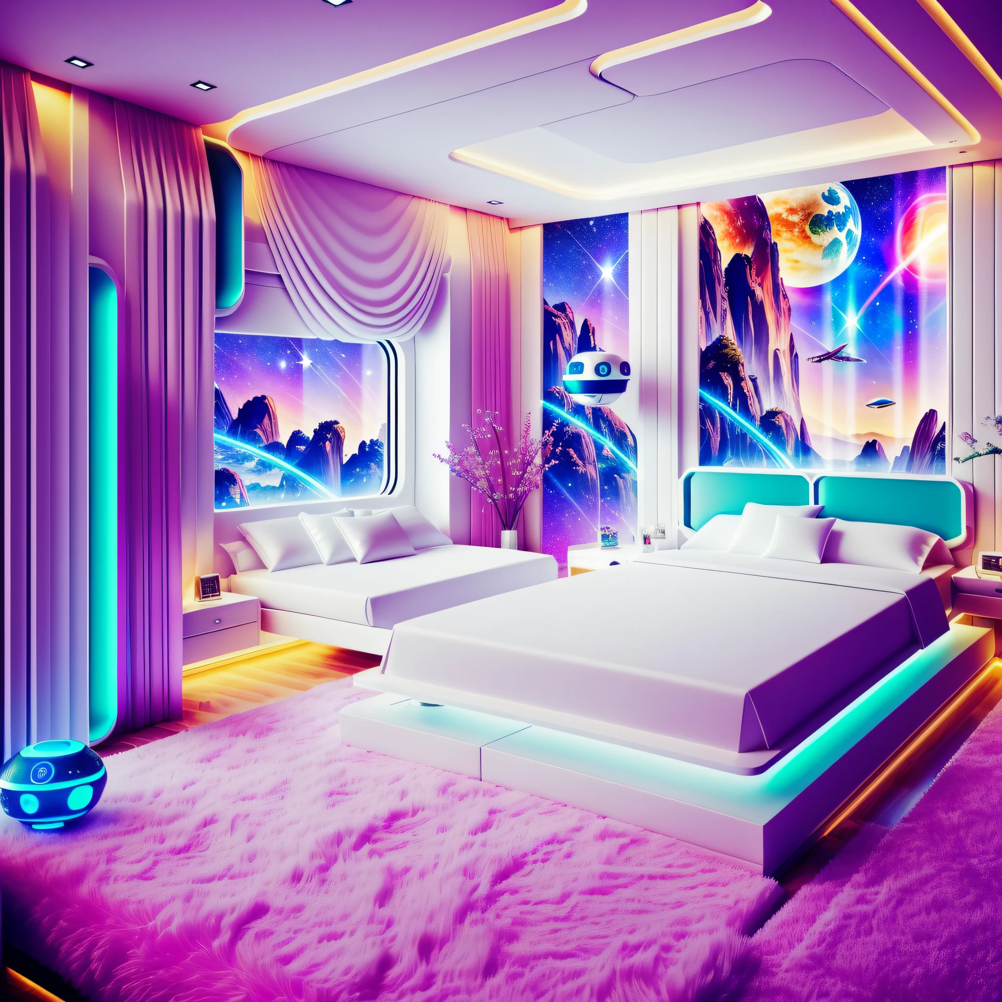 (a 3D room in Japanese anime format), (best quality), (beautiful fantasy landscape), (The environment is a room located inside a huge space aircraft), (a futuristic and feminine atmosphere at the same time), (The room is spacious and well-lit with large windows that offer stunning views of outer space showing bright stars and distant planets), (The walls of the room are coated with a white metallic material giving a sense of advanced technology However to add a feminine and cozy touch there are details in pastel tones such as light pink lavender and soft blue present in some areas of the environment such as cushions curtains or decorative objects), (room for streamer of vtuber) , (3d drawing), (anime), (3d anime), (interior of a huge spaceship), (outer space), (galaxy), (stars), (planets), (floating headboard), (In the center of the room there is a huge panoramic window that offers a breathtaking view of the planet, showing alien landscapes twinkling stars and distant galaxies The window is coated by a transparent material), (LED strips around the furniture to add a luminous and futuristic effect), (small statues or figures of robots on shelves, bedside tables or on the desktop; These statues can be made of metal, plastic or other futuristic materials), (global light).
