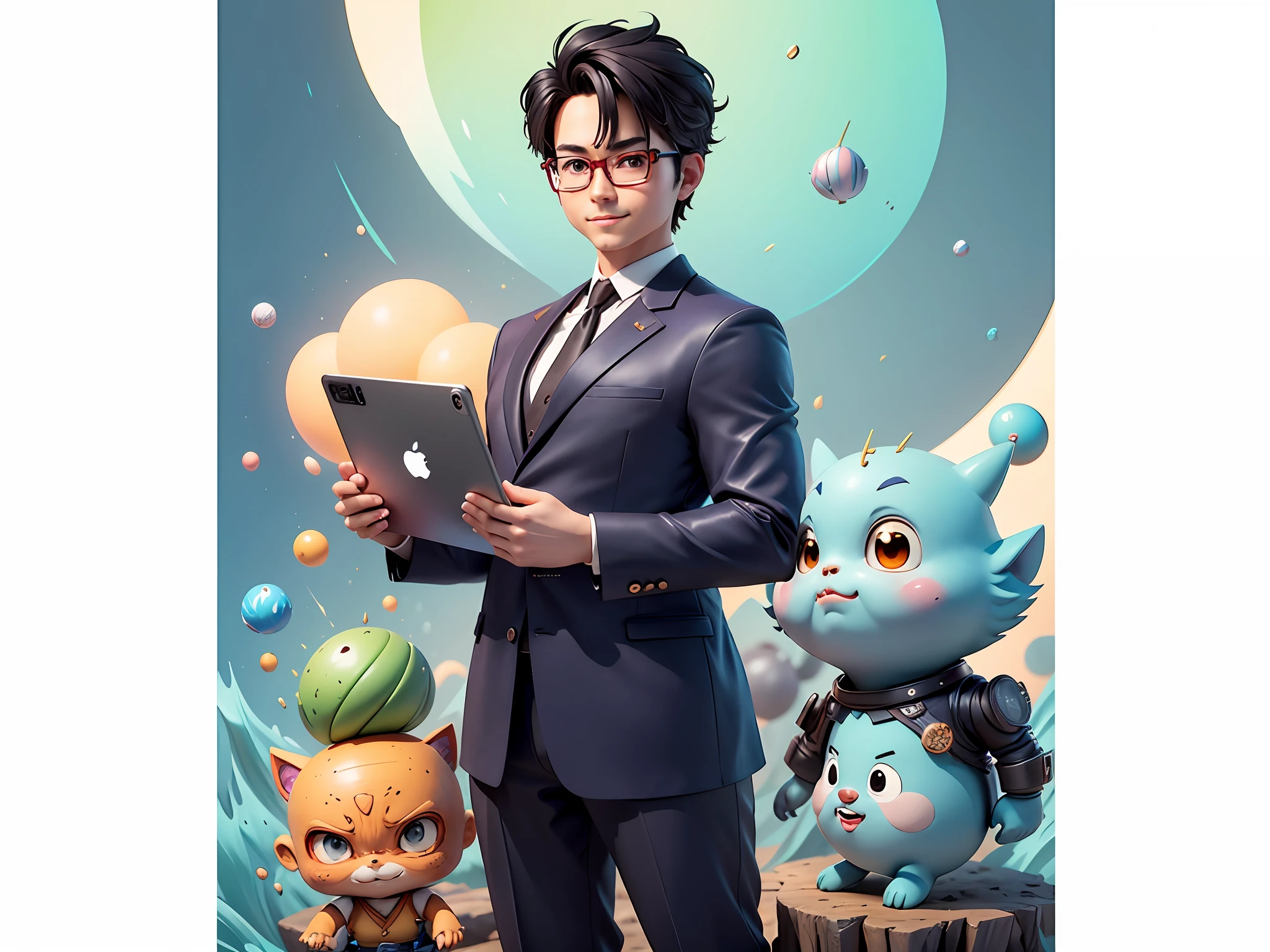 Masterpiece), (Excellent), (Super Meticulous), (Full Body: 1.2), Super Young Woman, Beautiful, Sexy, Bursting, Oriental Face, TV Anchor, Bust Portrait Illustration, Alone, Black Suit, Blue Tie, Silver Glasses, Slightly Chubby Face, Very Clean Face, No Beard, Black Super Short Hair, Black Eyes, Confident Smile, 3c Computer Sub-Products, iPad, iPhone, Digital Painting, 3D Character Design by Akira Toriyama with Mark Claireden and Pixar and Hayao Miyazaki, The illustration is a high-definition illustration in 4K resolution with very detailed facial features and cartoon-style visuals.