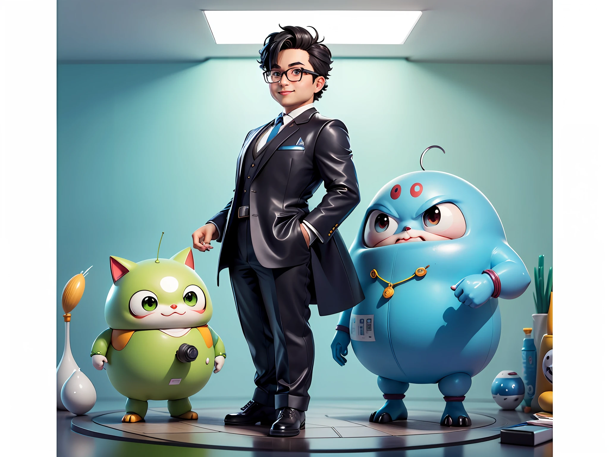 Masterpiece), (Excellent), (Super Meticulous), (Full Body: 1.2), Super Young Woman, Beautiful, Sexy, Bursting, Oriental Face, TV Anchor, Bust Portrait Illustration, Alone, Black Suit, Blue Tie, Silver Glasses, Slightly Chubby Face, Very Clean Face, No Beard, Black Super Short Hair, Black Eyes, Confident Smile, 3c Computer Sub-Products, iPad, iPhone, Digital Painting, 3D Character Design by Akira Toriyama with Mark Claireden and Pixar and Hayao Miyazaki, The illustration is a high-definition illustration in 4K resolution with very detailed facial features and cartoon-style visuals.