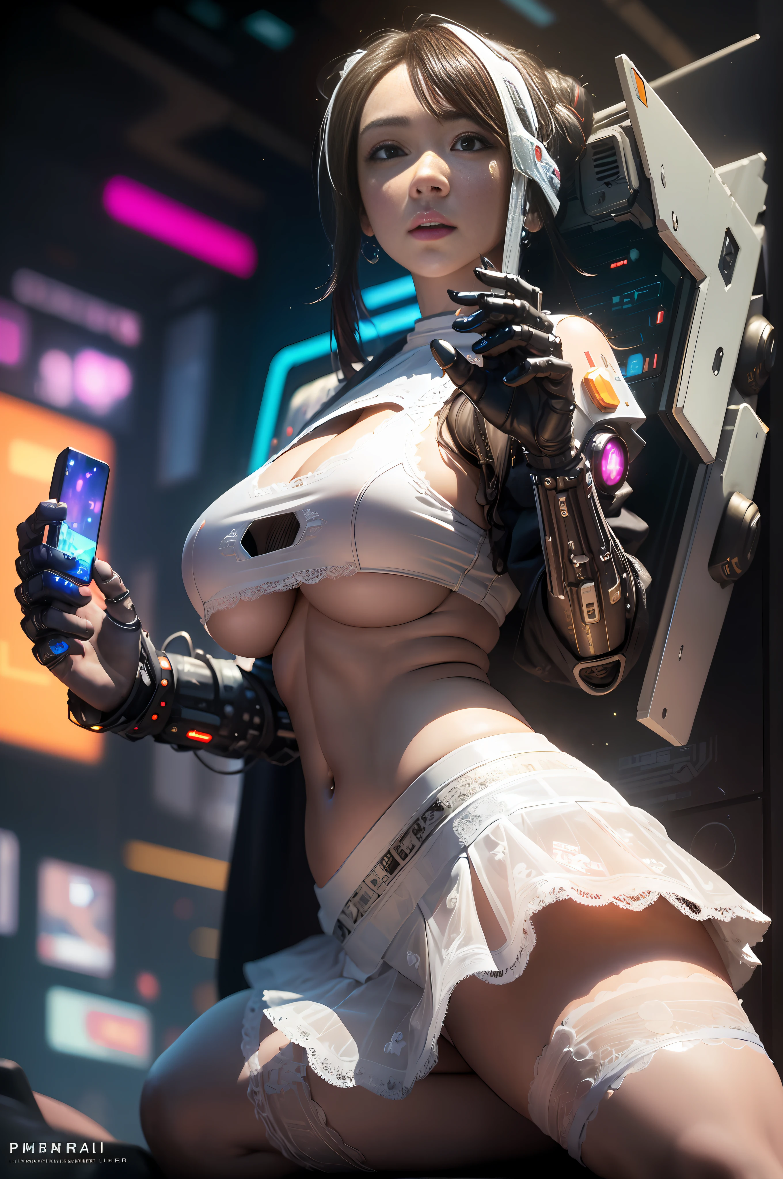 ((Best quality)), ((masterpiece)), (highly detailed:1.3), 3D, beautiful, (cyberpunk:1.6), in space, nebula, (holding_weapon:1.3), laser, (1Female mecha:1.3), sexy body, facing the audience, Glowing eyes, full body, (flying, swooping down, dynamic, motion blur: 1.4), (huge mech wings: 1.6), looking up, glowing_eyes, mecha, panorama, background is earth, nebula, space, particles, Reality, HDR (High Dynamic Range), Ray Tracing, NVIDIA RTX, Super Resolution, Unreal 5, Subsurface Scattering, PBR Textures, Post Processing, Anisotropic Filtering, Depth of Field, Maximum Clarity and Clarity, Multilayer Textures, Albedo and Specular maps, Surface shading, accurate simulation of light-material interaction, perfect proportions, Octane Render, two-tone lighting, large aperture, low ISO, white balance, rule of thirds, 8K RAW, efficient sub-pixel, sub-pixel volume product, (best quality),(Japanese:0.5),(korean:0.8), (Liu Yi Fei:1.5) long hair, (big breast:1.2),(underboob:1.5), (white transparent lace mini skirt:1.5)