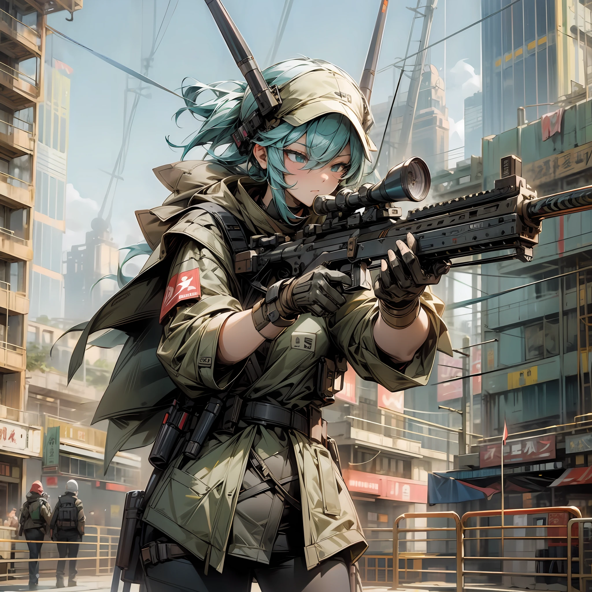 Sniper aiming, futuristic costume, oriental city background, 4k --auto --s2