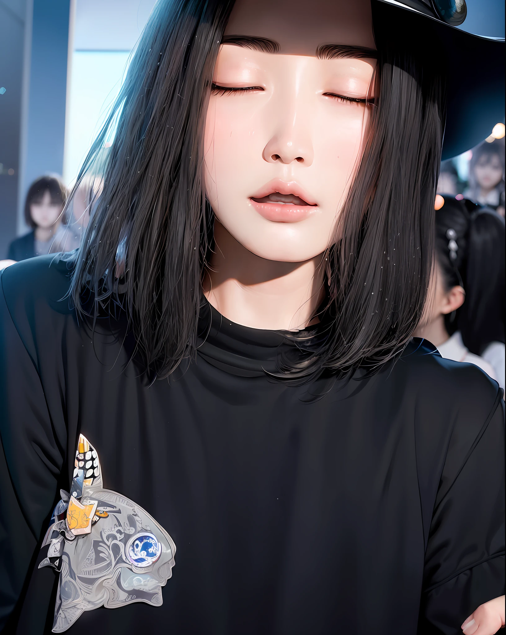there is a young woman with her eyes closed and her eyes closed, hong june hyung, hyung tae, jossi of blackpink, jaeyeon nam, seseon yoon, jung jaehyun, taejune kim, takeyuki kanda, wonbin lee, with short hair, with long hair, hyung tae kim, shin jeongho, satoshi, cl