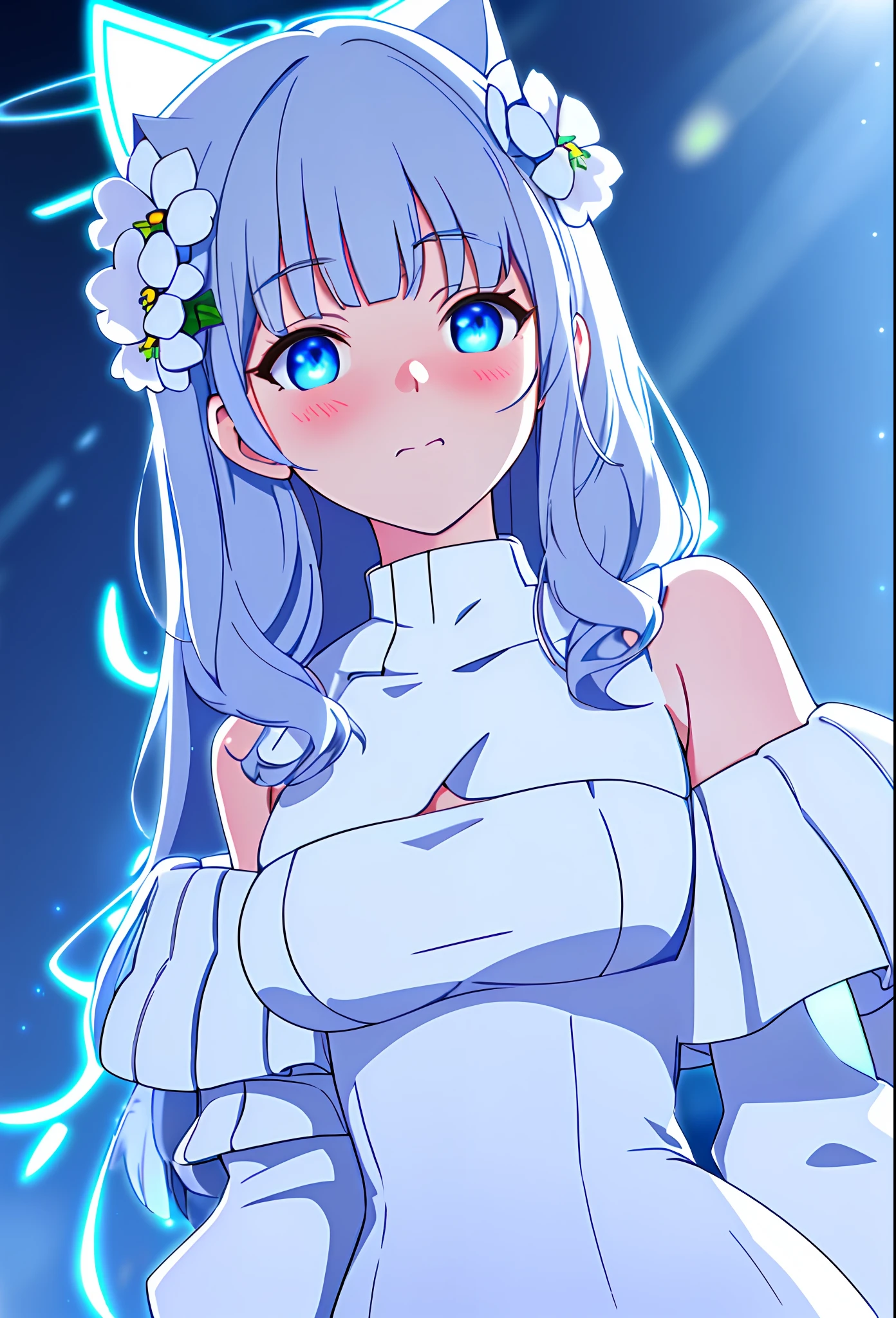 (sunaookami shiroko:1.2), {{{{masterpiece, extremely detailed, intricate details, soft focus, 8K, highres, depth of field, absurdres, high quality facial shadowing, dynamic shadowing, extreme shaders, cinematic lighting, perfect lighting, soft lighting, hazy lighting, blurry foreground, lens flare}}}}, best quality, asian qualities, {front view}, (solo:1.2), (beautiful young girl:1.3), high school girl, {{{extremely detailed girl, perfect anatomy, perfect body}}}, (detailed neon angel halo:1.4), bright blue double halo, (beautiful-detailed hair:1.3), dark silver hair, luscious curly hair, (hair splayed out:1.2), beautiful-detailed facial structure, detailed beautiful face:1.3, sexy face, cute face, slender facial structure, (detailed face:1.33), (beautiful-detailed eyes:0.7), big eyes, (detailed eyes:1.2), glowing bright blue eyes, cat eyes, (detailed cat ears:1.3), neon silver blue cat ears, (detailed wings:1.4), small white angel wings, (detailed boobs:1.3), small size boobs, (detailed facial expression:1.1), shy, slightly open mouth, detailed red blush, shy hand gesture, (detailed hair ornament:1.3), (white flower side hair ornament:1.3), (winter school uniform:1.3), (off-shoulder jacket:1.5), beautiful-detailed pure white off-shoulder fluffy school jacket, (detailed strapless sun-dress:1.3), beautiful-detailed white strapless plain short dress, (strapless dress:1.5), detailed a-line skirt, winter night, (enhanced background:1.4), snow falling at midnight with clear skies overhead, snow on sidewalks with Christmas lights on tree's surrounded the viewer, (cowboy shot:1.1), hazy photo, (warm photo:1.3)