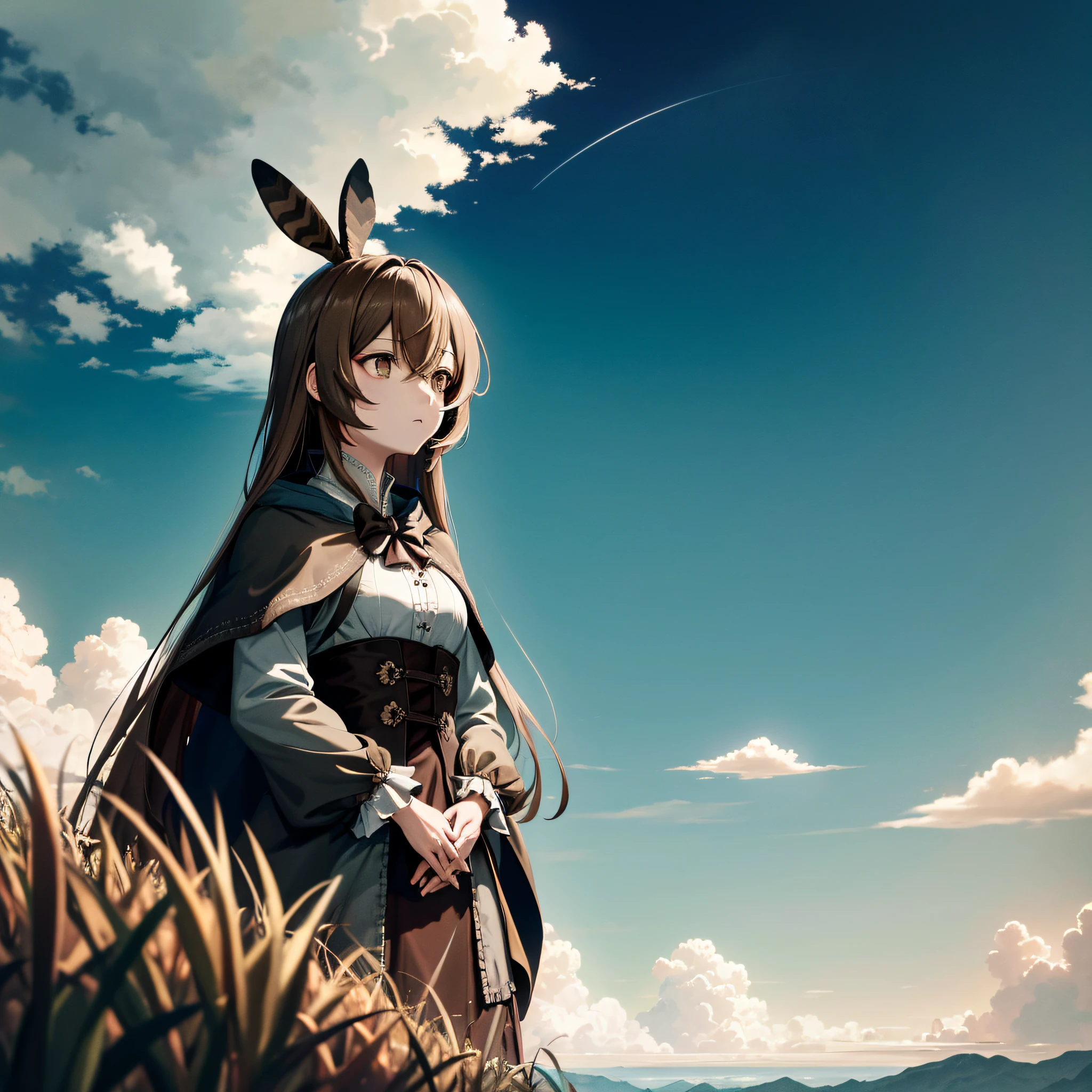 (人物: Nanashi Mumei), {brown hair}, absurdres, highres, (official art, beautiful and aesthetic:1.2), close view,
shining sky, vast world, girl, gazing, awe-inspiring expression, distant horizon, clouds, high hill, natural beauty, inspiration, light effects,