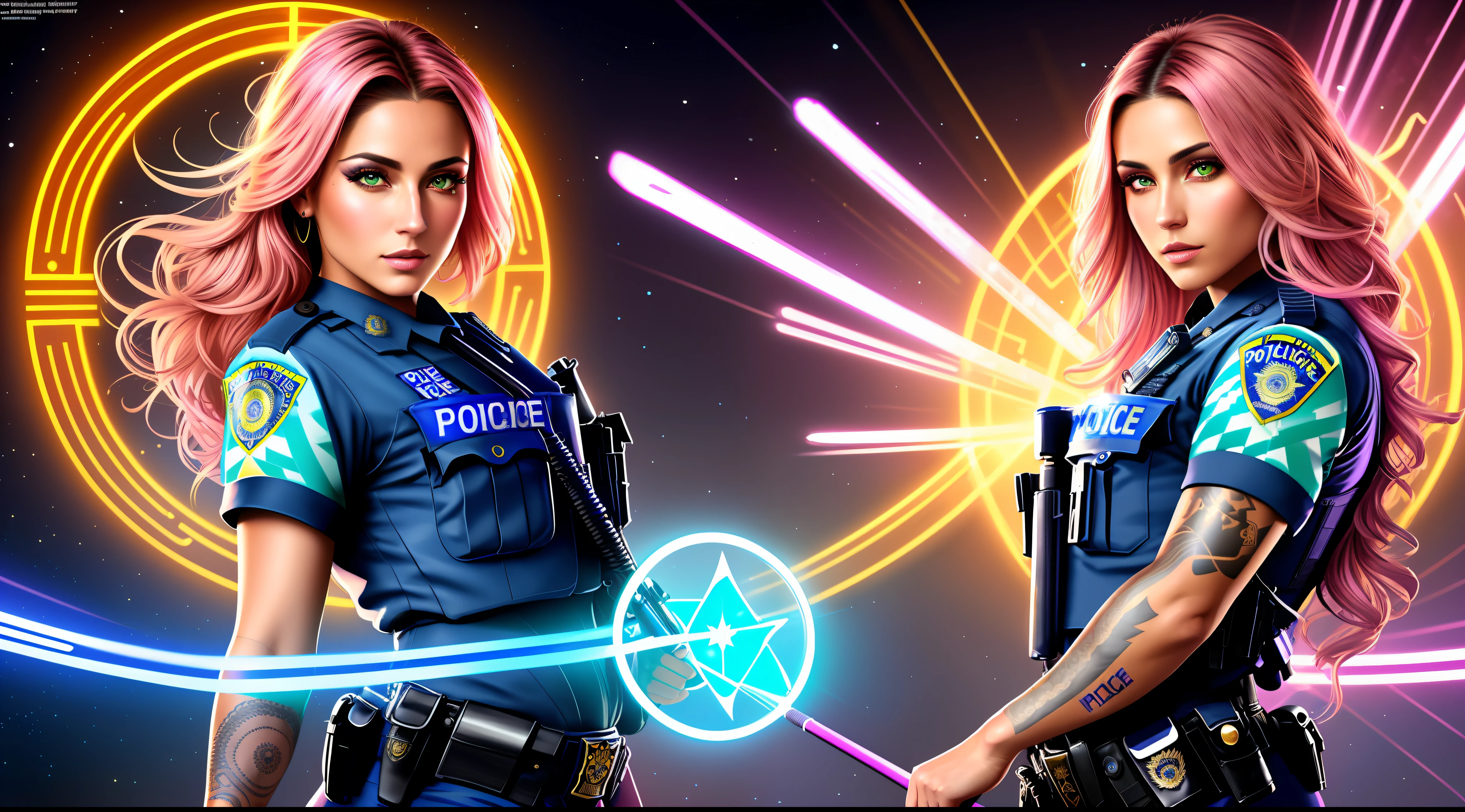 tattooed Teddi Mansueto, full body potrait of a photorealistic beautiful woman, (policewomen:1.6), intense coloration fantasy, light hair, a stunning realistic photograph 20 years , random colored hair, (police uniform fashion:1.3), random color eyes, full body, cover, hyperdetailed painting, luminism, octane render, Bar lighting, complex, 8k resolution concept art portrait by Martina Fačková and Prywinko Art, Artgerm, WLOP, Alphonse Mucha, Tony Taka, fractal isometrics details bioluminescence, hypereallistic cover photo awesome full color, hand drawn, bright, gritty, realistic pink green yellow blue red, davinci, erte .12k, intricate. hit definition , cinematic,Rough sketch, mix of bold dark lines and loose lines, bold lines, on paper , real life human