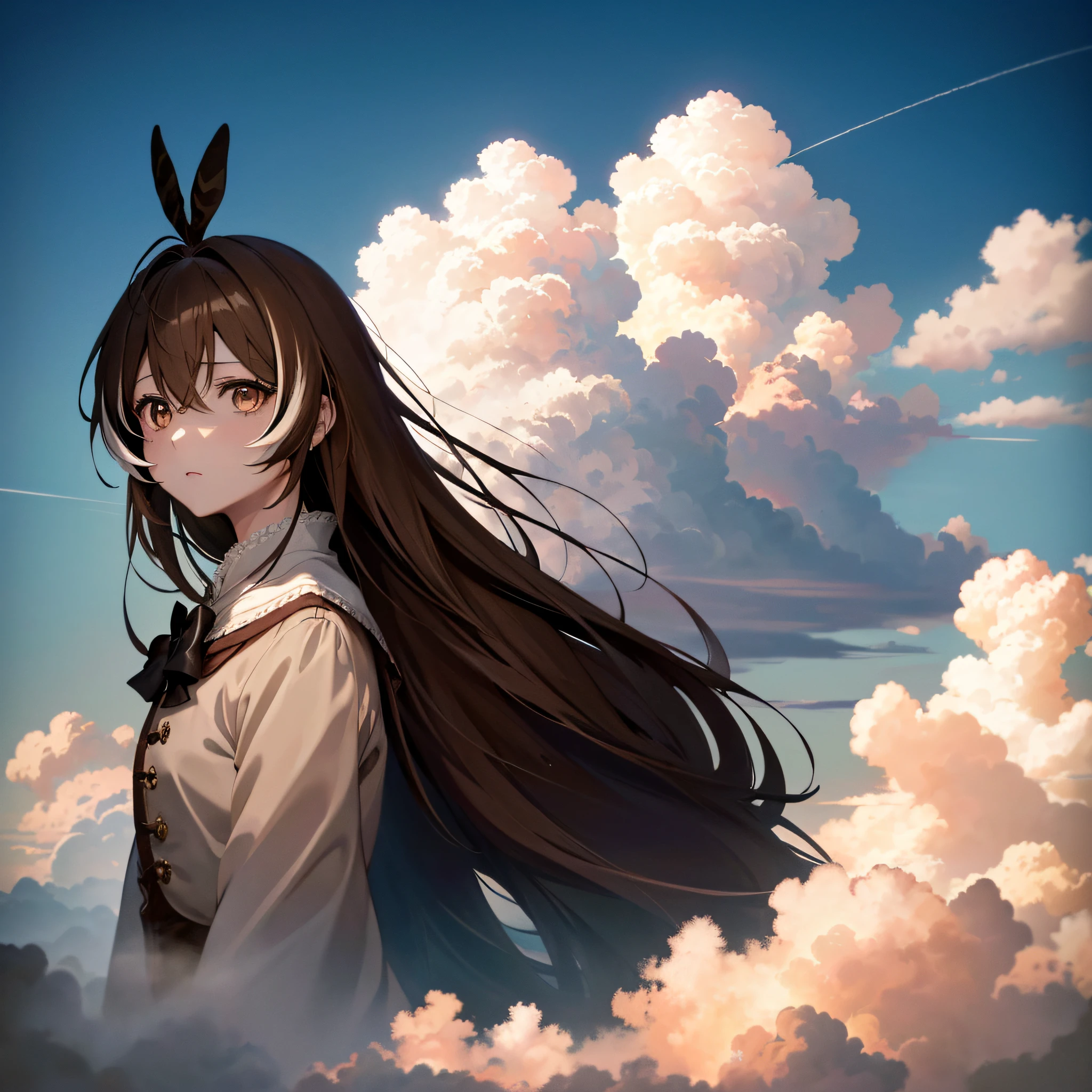 (人物: Nanashi Mumei), {brown hair},  absurdres, highres, (official art, beautiful and aesthetic:1.2), close view,
shining sky, vast world, girl, gazing, awe-inspiring expression, distant horizon, clouds, high hill, natural beauty, inspiration, light effects,