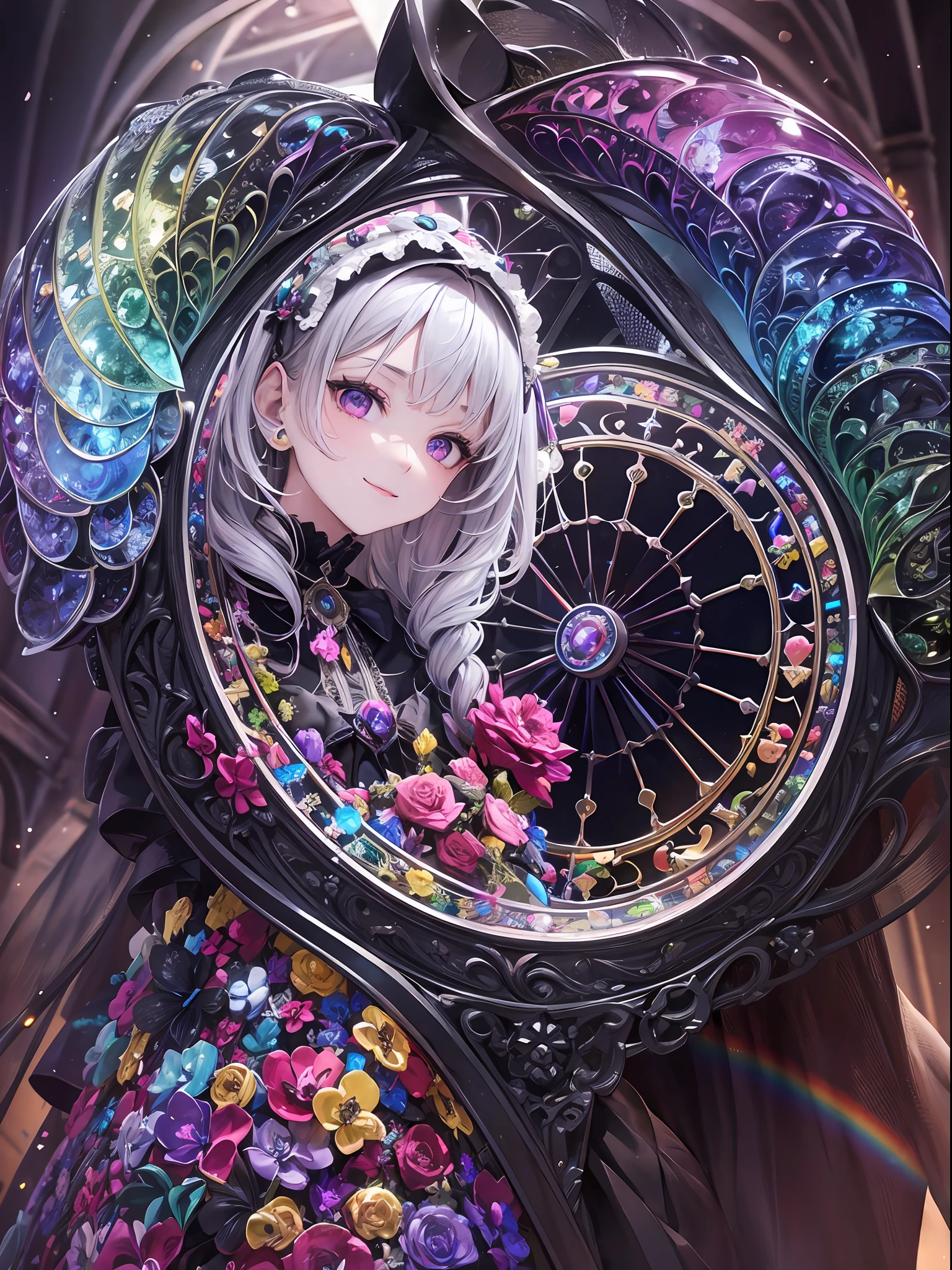 Masterpiece, high resolution, wide angle, detailed Gothic architecture, deep composition, 10,000 colors, colorful, craftsmanship, ((1 girl), 9 figures, looking at the viewer, smiling, silver hair),, diamond ornaments, colorful decorations, backlit, grains of light fluttering, detailed Gothic style, (Maximalism: 1.6), diffused lighting, (depth of field: 1.2), Gothic Lolita, bird's-eye view, light up, light effect, light effect, stuffed bear, rainbow effect