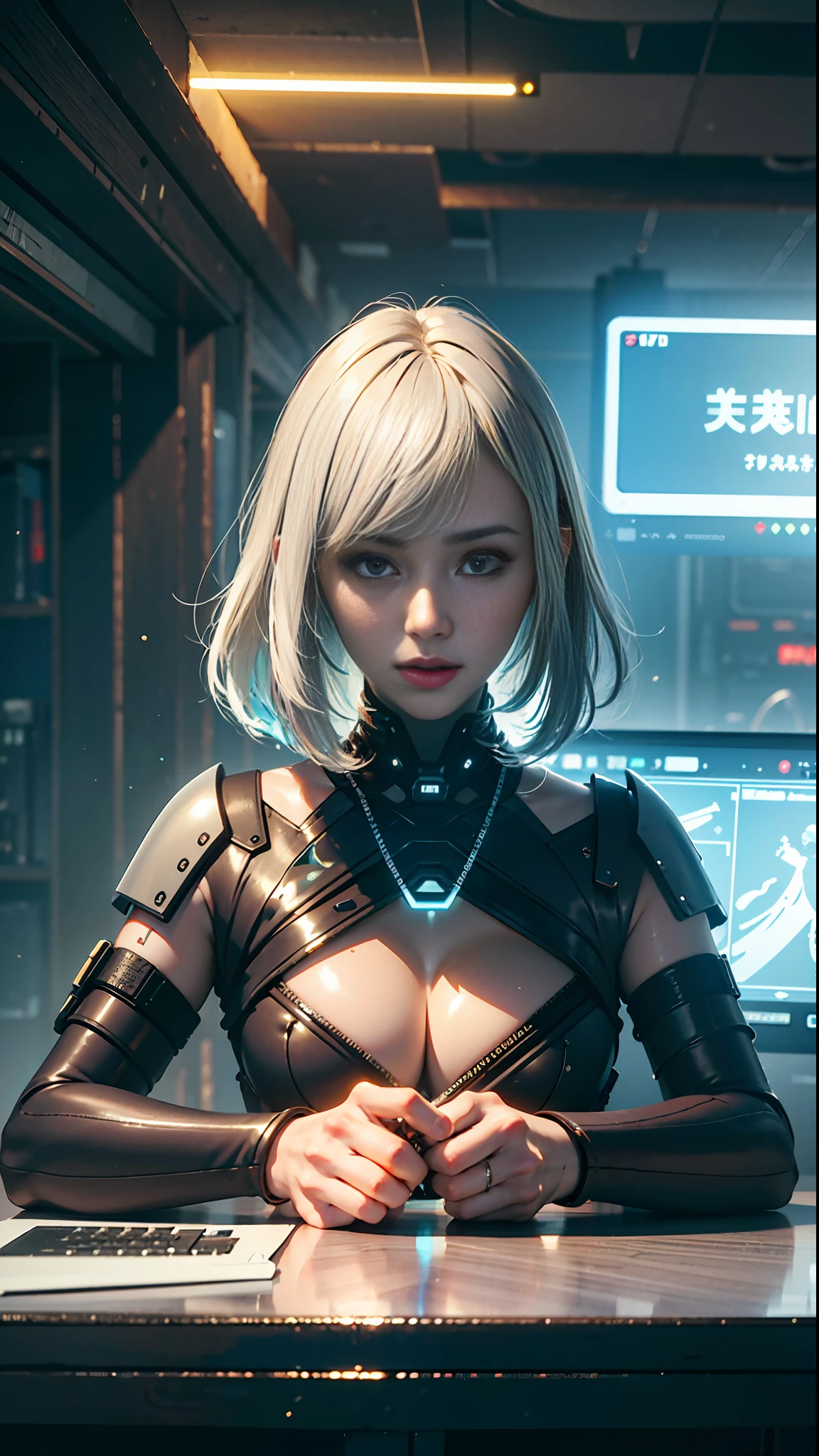 ((Best quality)), ((masterpiece)), (highly detailed:1.3), 3D, beautiful (cyberpunk:1.3) female hacker with thick voluminous hair operating a computer terminal, computer servers, LCD screens, fibre optic cables, corporate logos,HDR (High Dynamic Range),Ray Tracing,NVIDIA RTX,Super-Resolution,Unreal 5,Subsurface scattering,PBR Texturing,Post-processing,Anisotropic Filtering,Depth-of-field,Maximum clarity and sharpness,Multi-layered textures,Albedo and Specular maps,Surface shading,Accurate simulation of light-material interaction,Perfect proportions,Octane Render,Two-tone lighting,Low ISO,White balance,Rule of thirds,Wide aperature,8K RAW,Efficient Sub-Pixel,sub-pixel convolution,luminescent particles,
