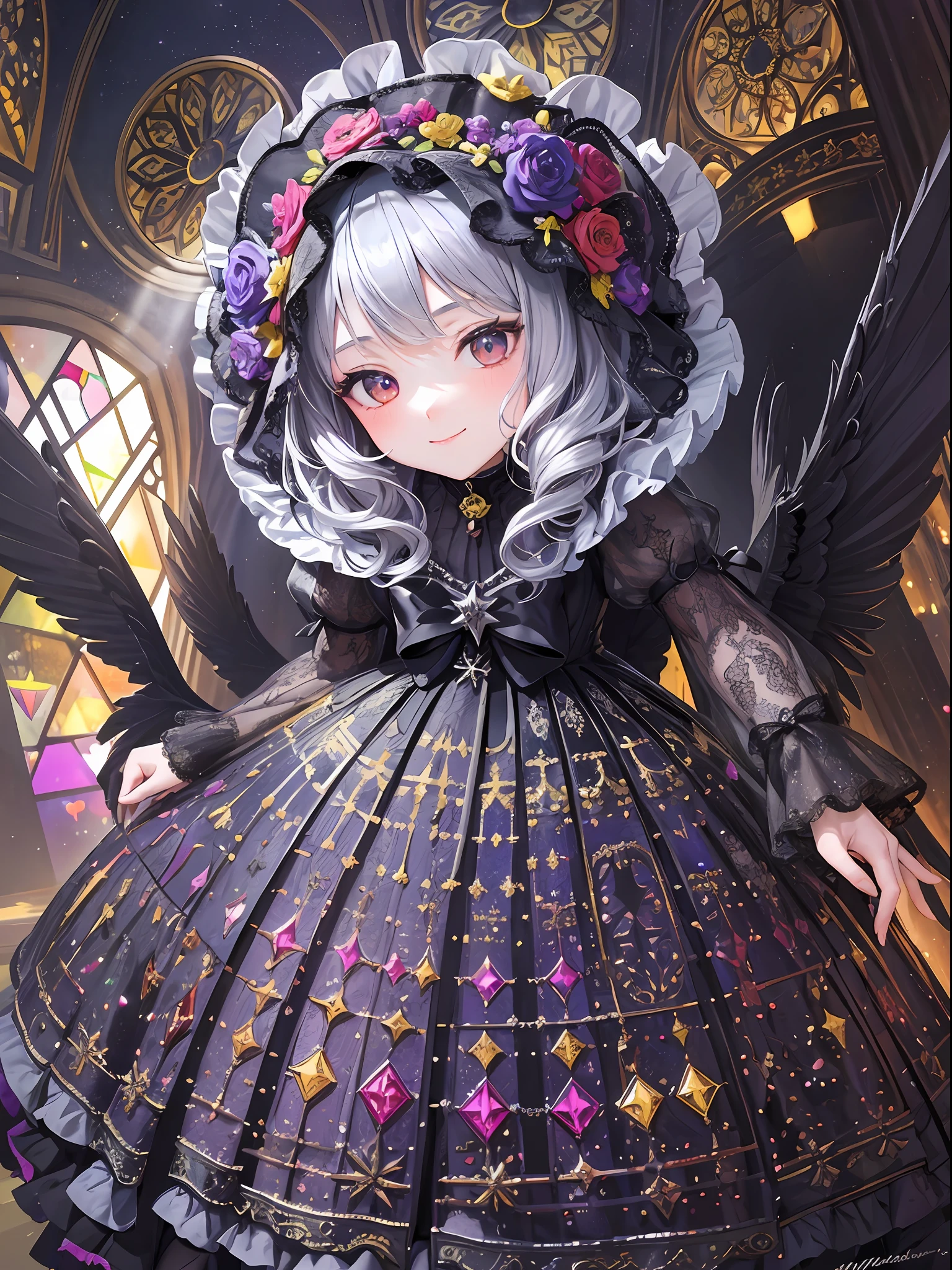 Masterpiece, high resolution, wide angle, detailed Gothic architecture, deep composition, 10,000 colors, colorful, craftsmanship, ((1 girl), 9 figures, looking at the viewer, smiling, silver hair),, diamond ornaments, colorful decorations, backlit, grains of light fluttering, detailed Gothic style, (Maximalism: 1.6), diffused lighting, (depth of field: 1.2), Gothic ta, bird's-eye view, light up, light effect, light effect, stuffed bear, rainbow effect