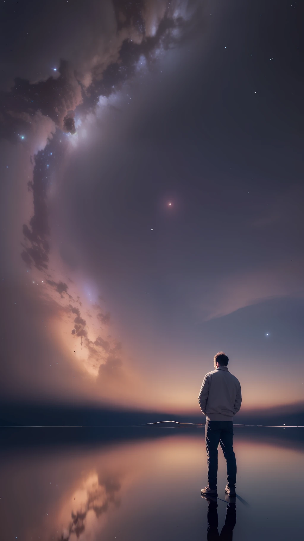 Man in front of the universe, reflection, dark, high quality,