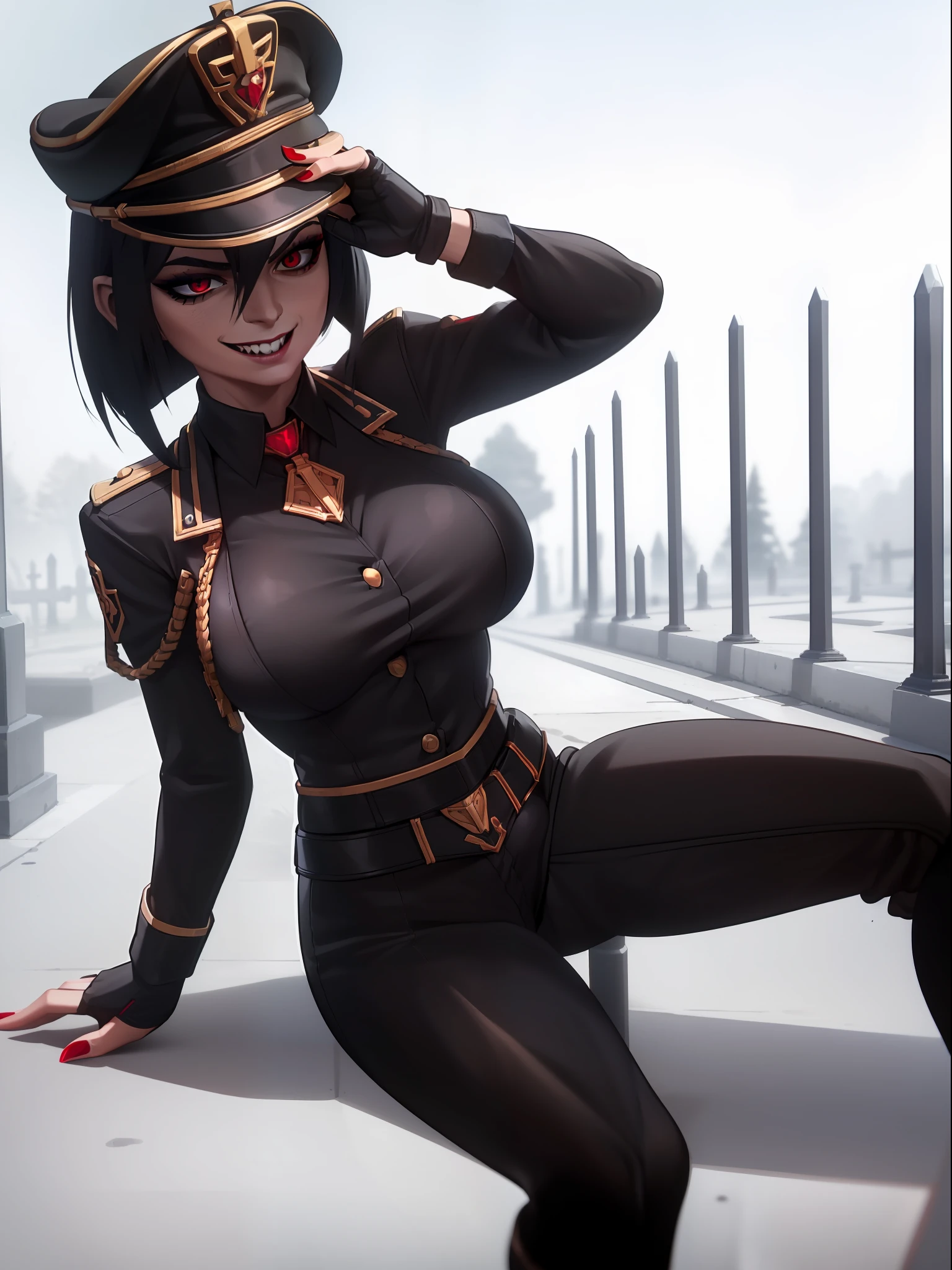 ((Masterpiece, top quality, super definition, ultra definition)), Solo, (Full body), ((27-year-old goth woman in black leather official uniform in a cemetery)), ((wearing a black army leather hat)), ((Clear expression of body unevenness)), looking at the camera, female body, breasts to show (nipple covered), ((nipple lozenges): 1.4), ((large breasts)), red eyes, ((black hair bob)), horizontal seat, (strong makeup), constricted pupils, black pupils, (detailed hands), ((tall woman)), ((sadistic smile)), sharp focus, dynamic angle, deep shadows, spread legs