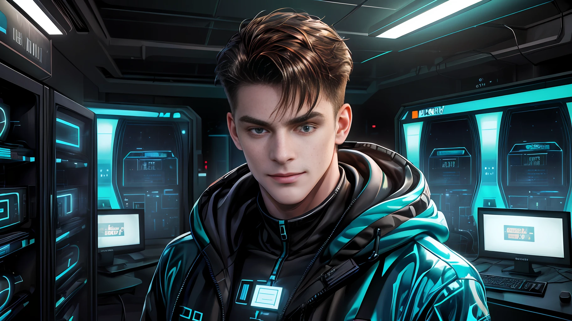 (Absurdres, Intricate Details, Masterpiece, Best Quality, High Resolution, 8k), 1 male, swedish, mature, aged up, handsome, finely detailed eyes and face, brown quiff hair, teal eyes, looking at viewer, solo, (full body:0.6), detailed background, detailed face, (CircuitBoardAI, electronic theme:1.1) evil high-tech futuristic hacker, smirk, advanced technology, hoodie, techwear, keycard, cables, (holographic display:1.05), error message, computer, password, server room in background, orange lights, cyber-warfare, dark sinister atmosphere, Depth of Field, VFX.