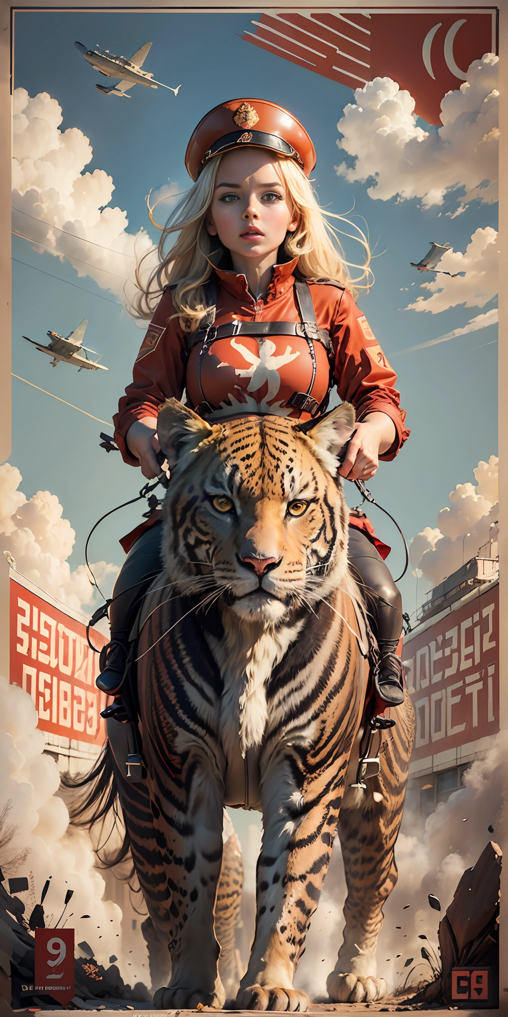 CCCP poster, soviet poster,Soviet Union poster, October Revolution, ((CCCP Poster, Soviet Poster)) ((( a beautiful girl, riding a wild big cat))) propaganda Poster, poster, Poster design, poster art style. 1980s, 1950s, 1960s, basic colour scheme, Very colourful poster, colour art, thirds rule, inspiring,