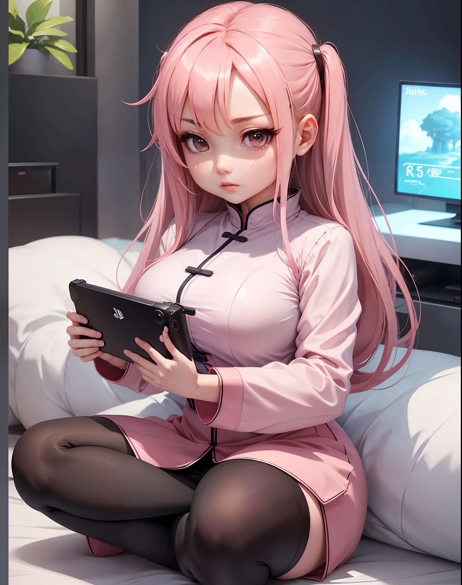 1girl, wear aodai, play console game, official art, best quality ,8k , trend on pixiv, big breasts, (look away:1.5) , focus, playing game, play ps5 game, serious, ((chibi style)), hands hold a controller, photorealistic, hyper realistic
