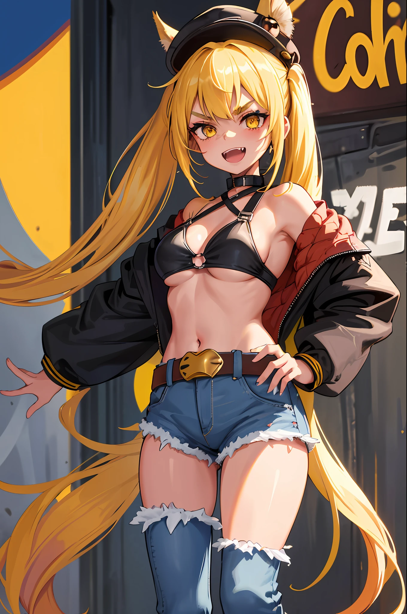 Original Character, Volumetric Lighting, Best Shadows, Shallow Depth of Field, Portrait Of Stunningly Beautiful Girl, Petite, Delicate Beautiful Attractive Face With Alluring Yellow Eyes, Messy Painted Face, Sharp Eyebrows, Broadly Smiling, Open Mouth, Fangs Out, Lovely Medium Breasts, Layered Long Twintail Blond Hair, Blush Eyeshadow, Thick Eyelashes, Applejack Hat, Oversized Pop Jacket, Mini Underboob Tee, Open Navel, Slim Waist, Denim Jeans Pants, With Buckle Belt, In The Graffiti Alley, Waste Container, Outside Stairs, Outdoor Unit, Holding Spray Paint Can, Standing, (Highest Quality, Amazing Details:1.25), (Solo:1.3), Brilliant Colorful Paintings