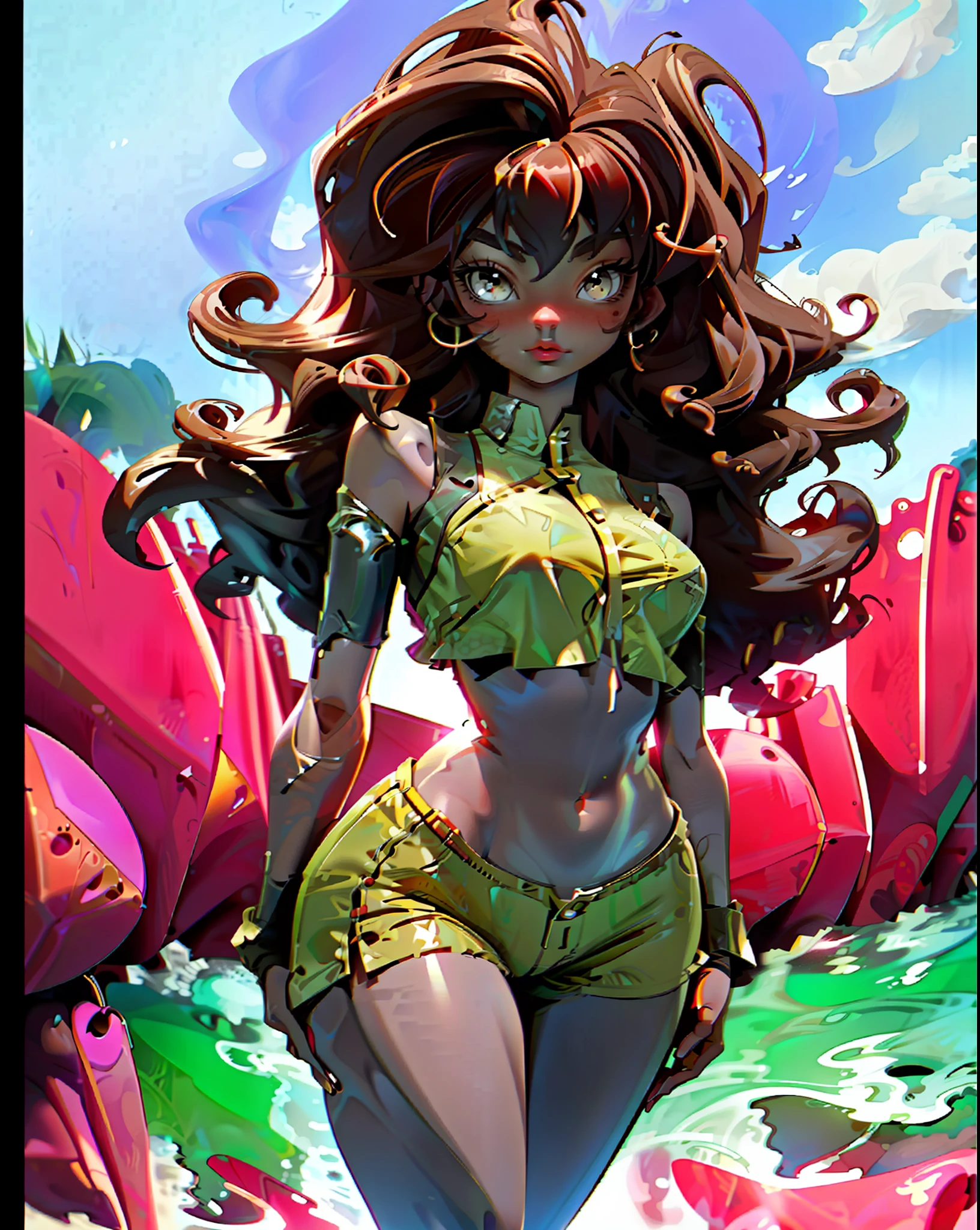 3D illustration of a young black woman on the beach, curly brown hair, slim waist with marked abdomen, small breasts, wide hips, thick thighs, red bikini.