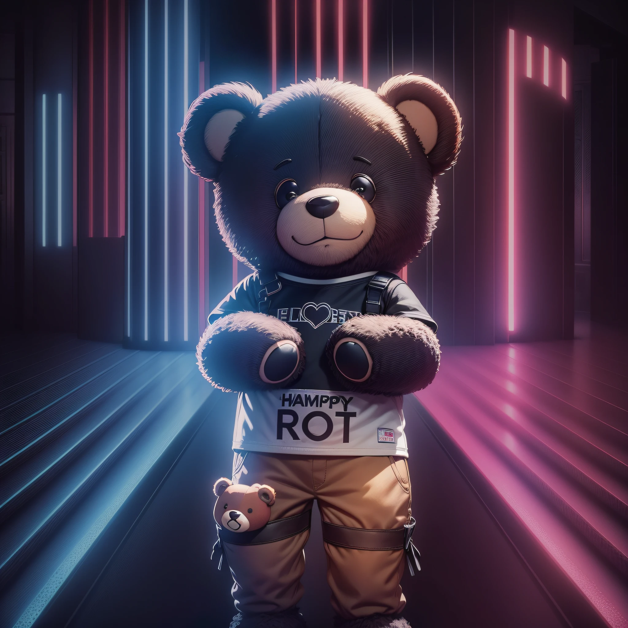 Happy teddy bear smiling wearing all black pants with no details no teddy bear on the leg