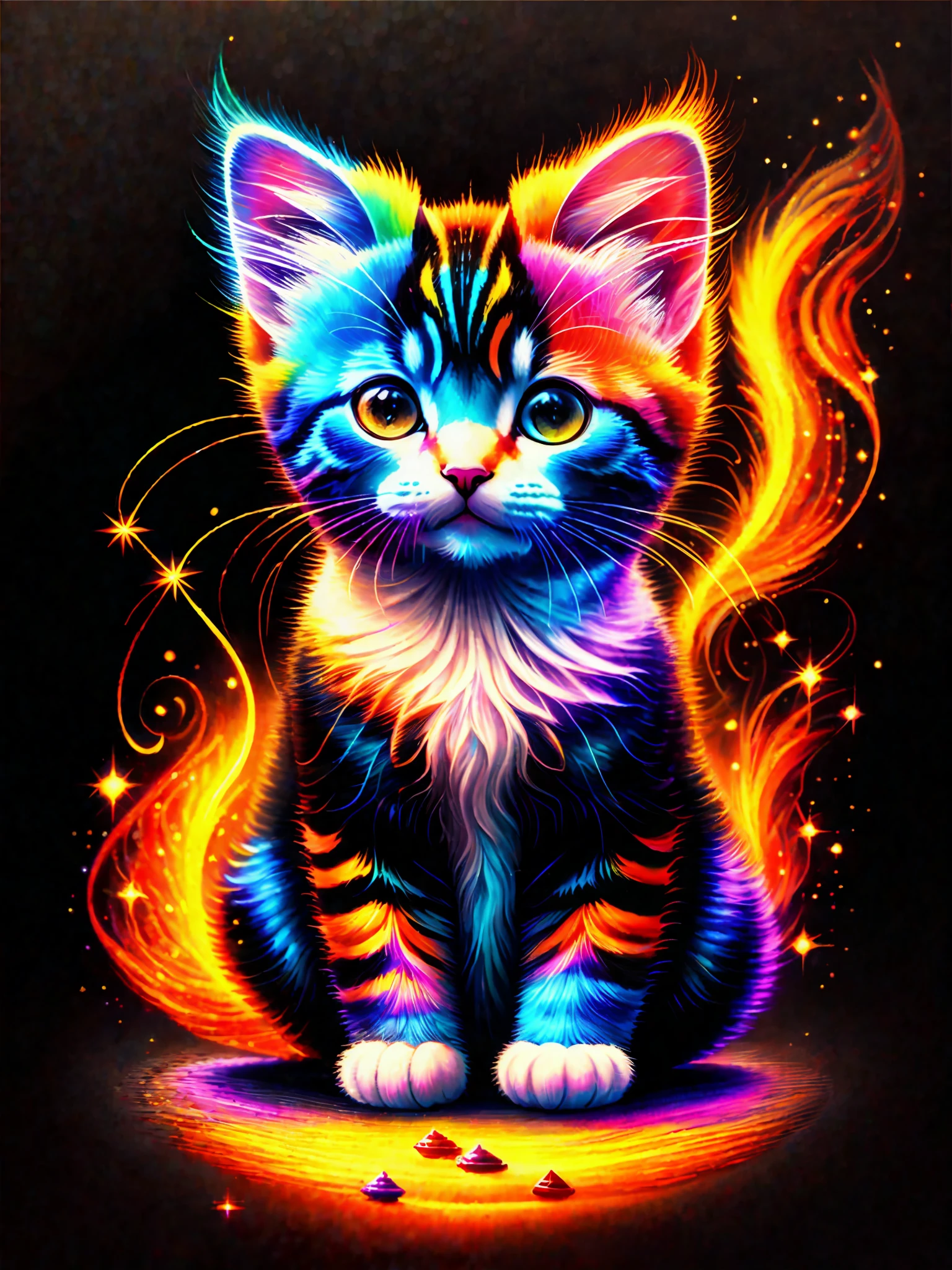 a painting of a colorful kitten on a black background,, breathtaking rendering, within a radiant connection, inspired by Kinuko Y. Craft,, magical elements, kitten icon, wow, is beautiful, casting a multi colorful spell, bright flash, flash