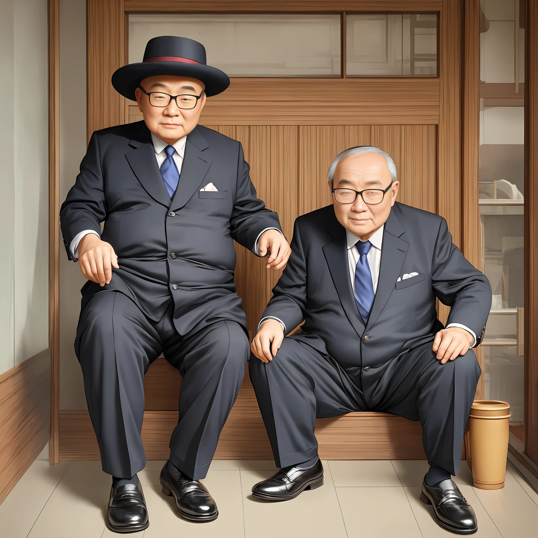 Suit Leaky ankle Black long socks Chinese old man slightly fat Elegant Kind old man Old man Old man Wearing glasses One person with two legs Old gentleman