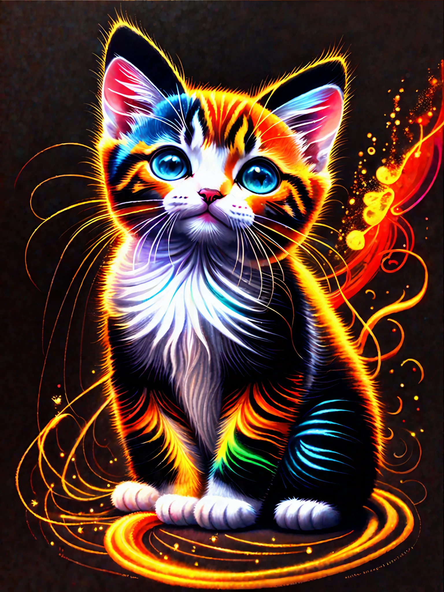 a painting of a colorful kitten on a black background,, breathtaking rendering, within a radiant connection, inspired by Kinuko Y. Craft,, magical elements, kitten icon, wow, is beautiful, casting a multi colorful spell, bright flash, flash