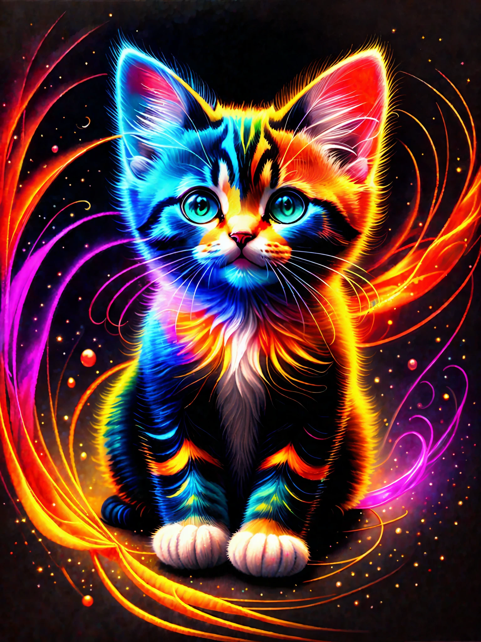 a painting of a colorful kitten on a black background,, breathtaking rendering, within a radiant connection, inspired by Kinuko Y. Craft,, magical elements, kitten icon, wow, is beautiful, casting a multi colorful spell, bright flash, flash