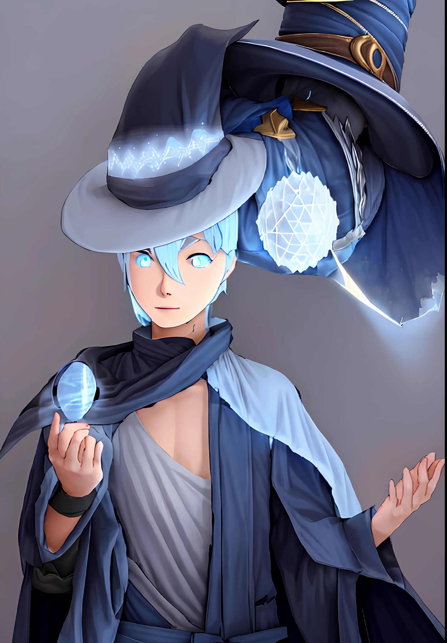 a drawing of a man in hat and cape, wizard pondering his orb, t-pose of wizard, half summoner half megumin, holding a pose of prudish, t-pose of male mage, a sorceress throwing a ball of ice, young wizard, pose gesture of prudish, character with a hat, perfect lineart,bright light blue hair,light blue eye, dark blue hat being illuminated by the sun,dark blue robe,blue brusa,light blue complicle sleeve,
