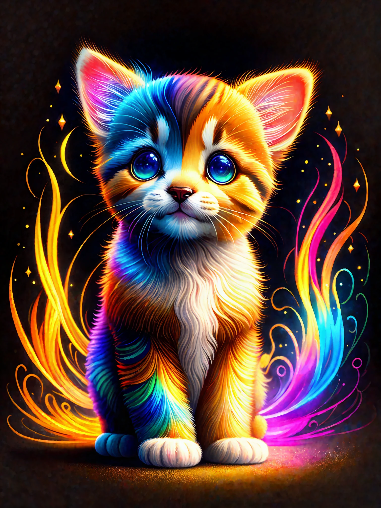 a painting of a colorful tabby poney puppy on a black background,, breathtaking rendering, within a radiant connection, inspired by Kinuko Y. Craft,, magical elements, kitten icon, wow, is gorgeous, casting a multi colorful spell, bright flash, flash