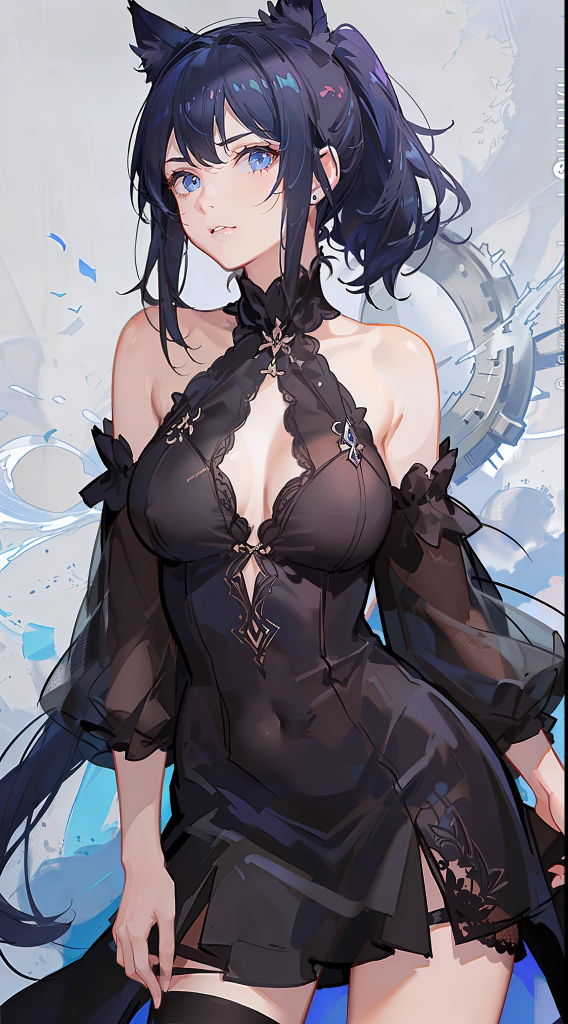 Young girl, short black hair, high ponytail, blue eyes, cat ears, dark dress, open shoulders, stern look, masterpiece, high quality