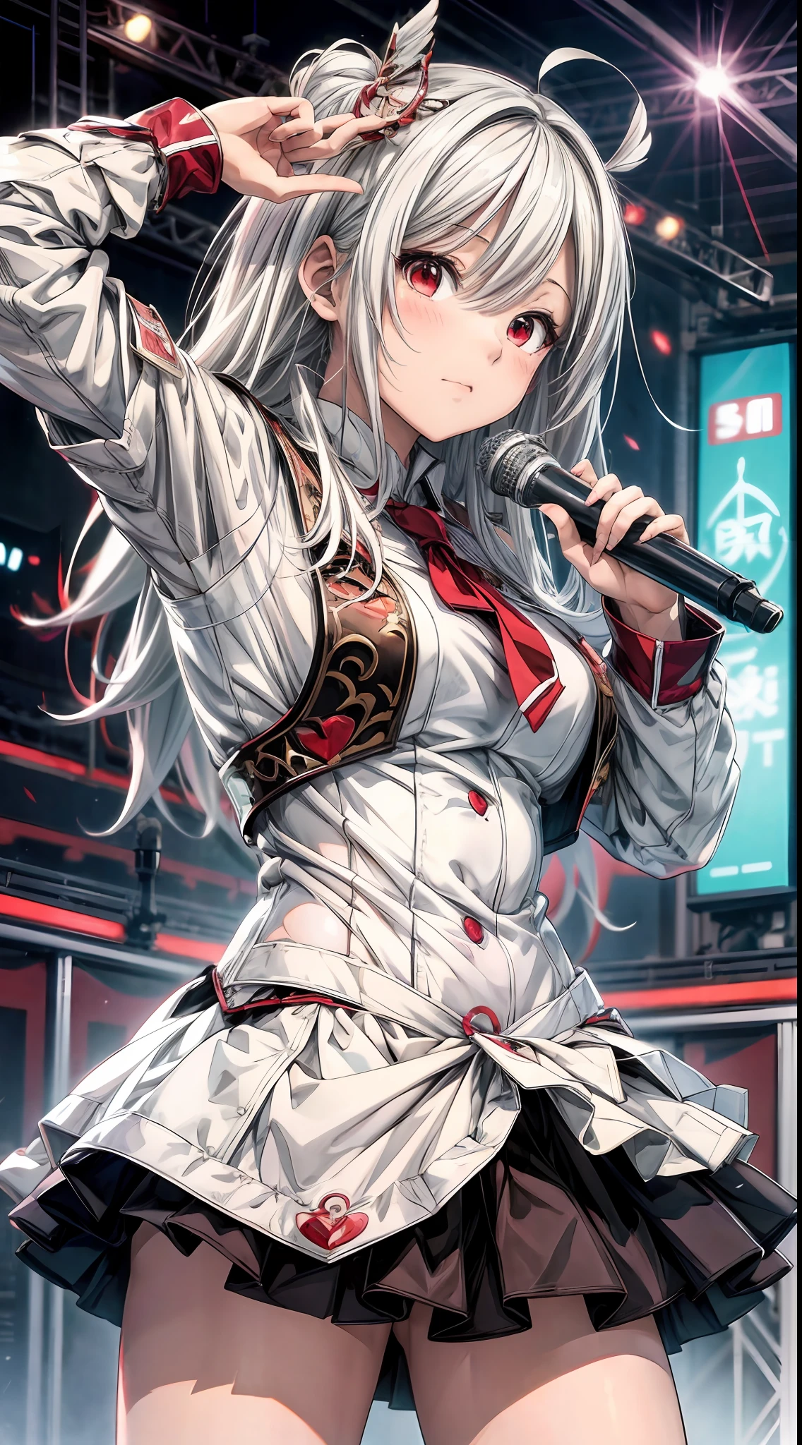 anime style, (1 girl), white hair, red eyes, full body, (cute anime face), (datailed pretty girl), singing, idol clothes, school stage, bright lights, masterpiece, ((best quality))