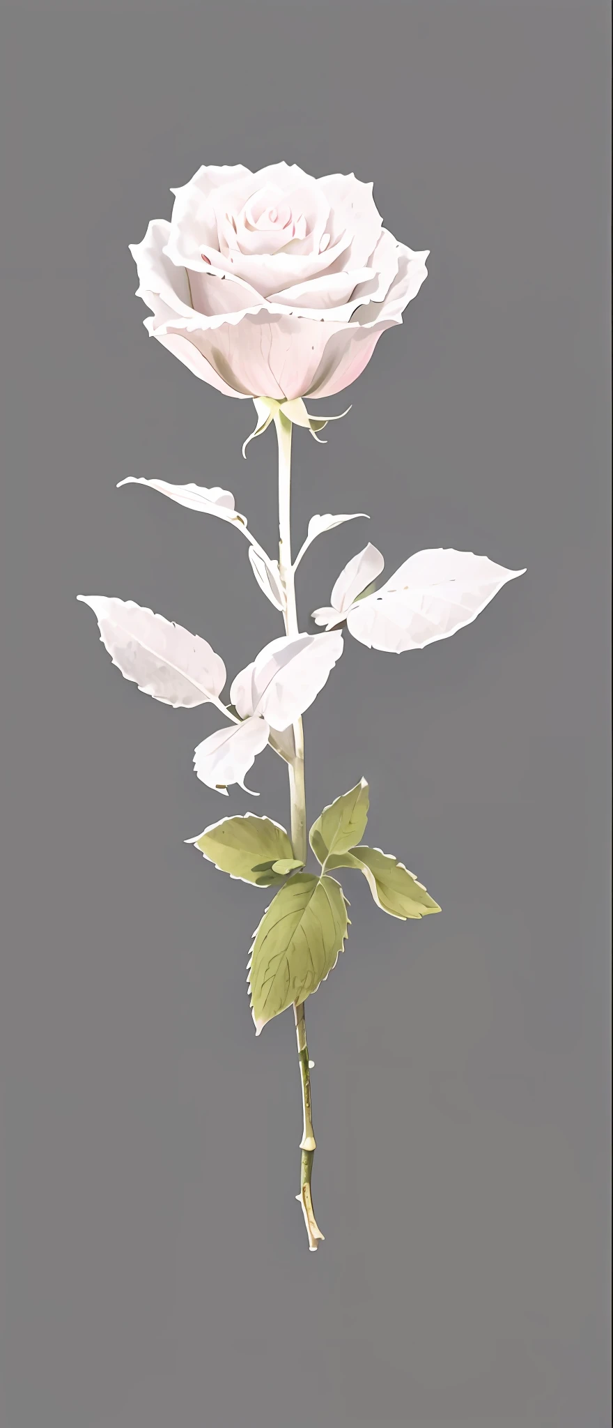 there is a rose that is on a stem with leaves, stylized vegetation, leaves foliage and stems, flowers and foliage, basil, vegetable foliage, salvia, botanic foliage, herb, cel shaded pbr, salvia droid, celshading, high resolution and detail, botanical photo, detailed plants, sage, some plant life, white flower, in salvia divinorum