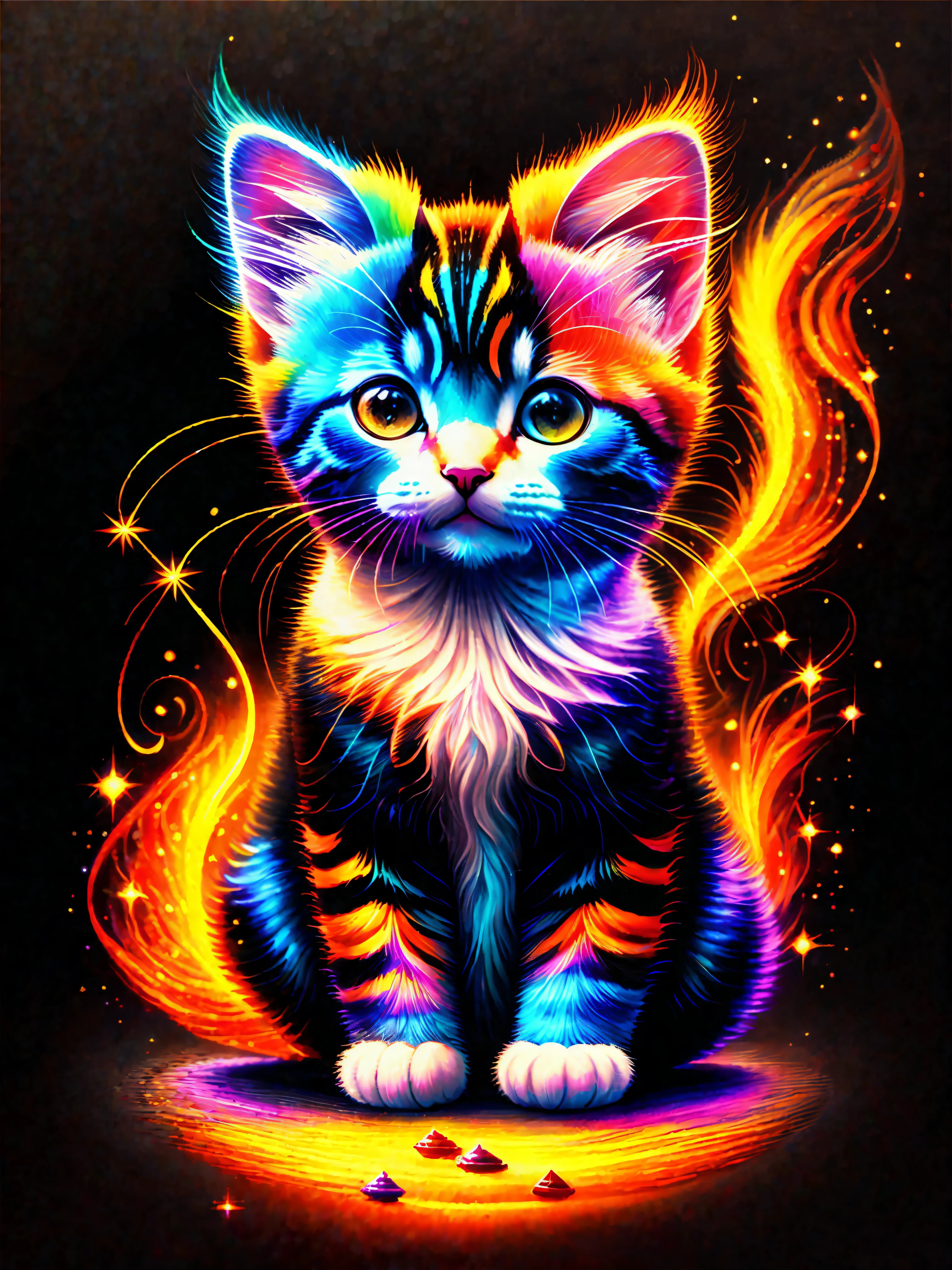 a painting of a colorful kitten on a black background,, breathtaking rendering, within a radiant connection, inspired by Kinuko Y. Craft,, magical elements, kitten icon, wow, is beautiful, casting a multi colorful spell, bright flash, flash