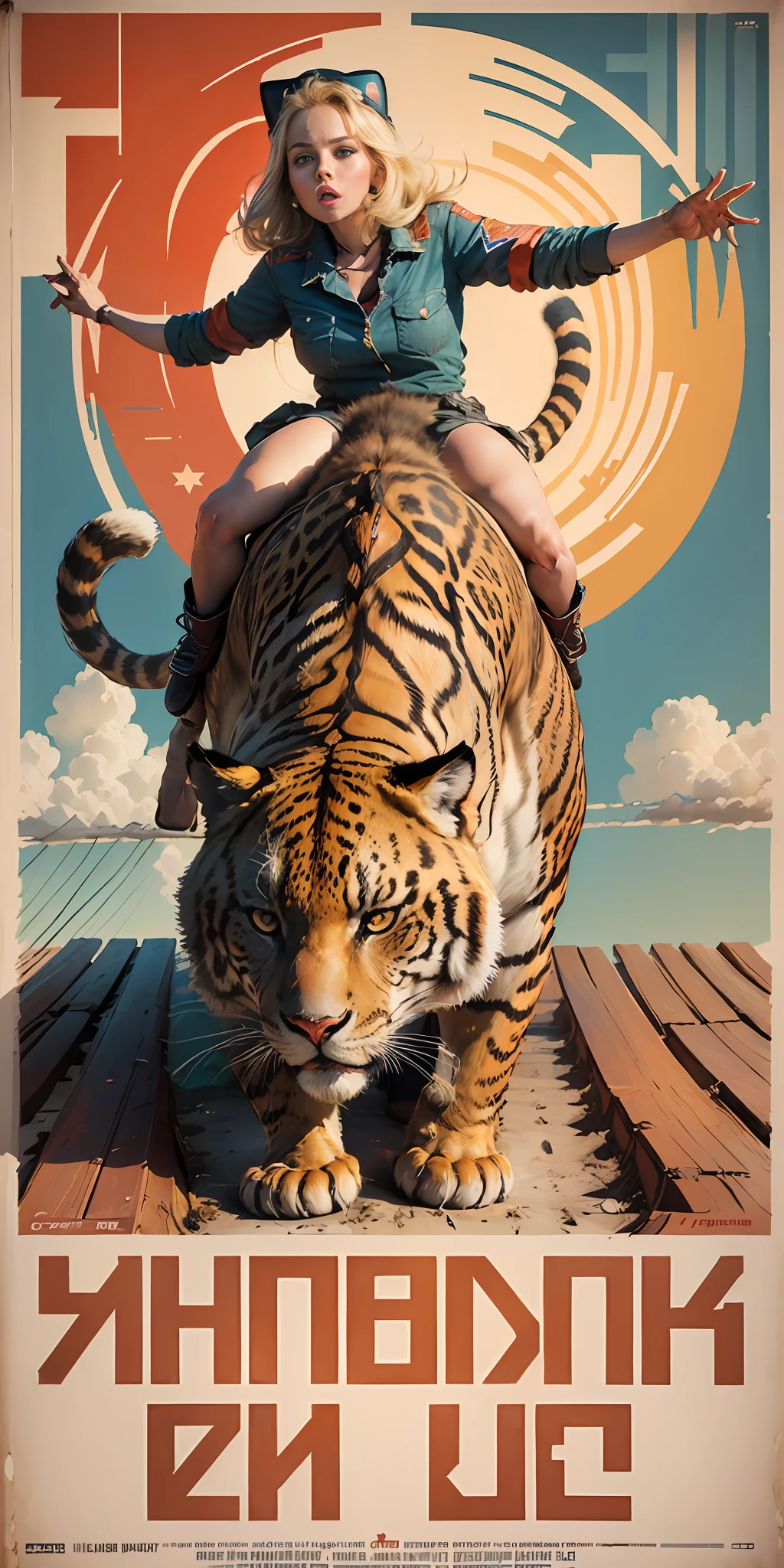 ((CCCP Poster, Soviet Poster)) ((( a beautiful girl, riding a wild big cat))) propaganda Poster, poster, Poster design, poster art style. 1980s, 1950s, 1960s, basic colour scheme, Very colourful poster, colour art, thirds rule, inspiring, free style perspective