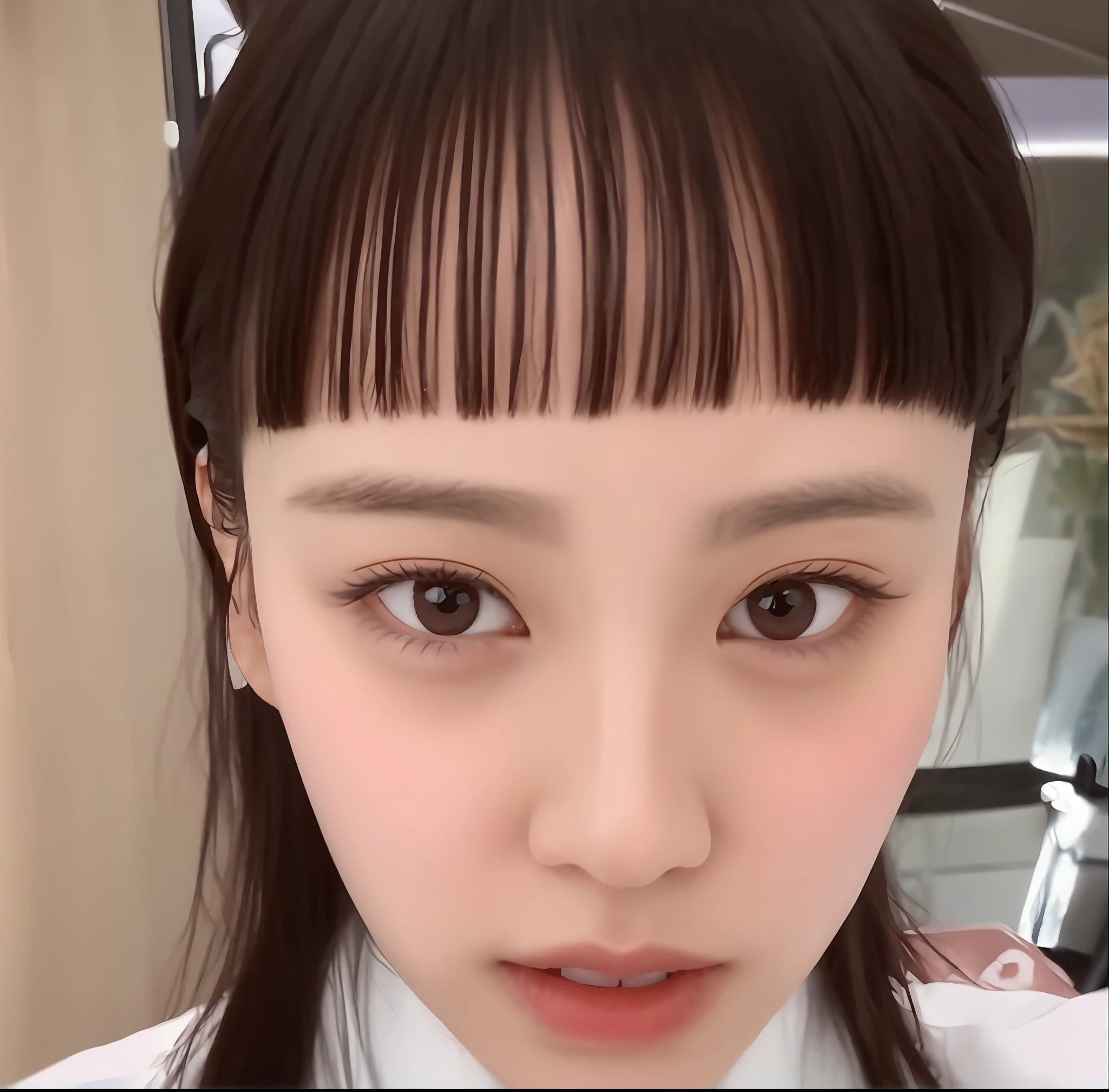 a close up of a woman with a tie and a white shirt, blunt bangs fall on her forehead, korean symmetrical face, neat hair with bangs, wide forehead, she has black hair with bangs, young cute wan asian face, the hime cut, only a few bangs of hair, white hime cut hairstyle, with round face, with a large head and big eyes