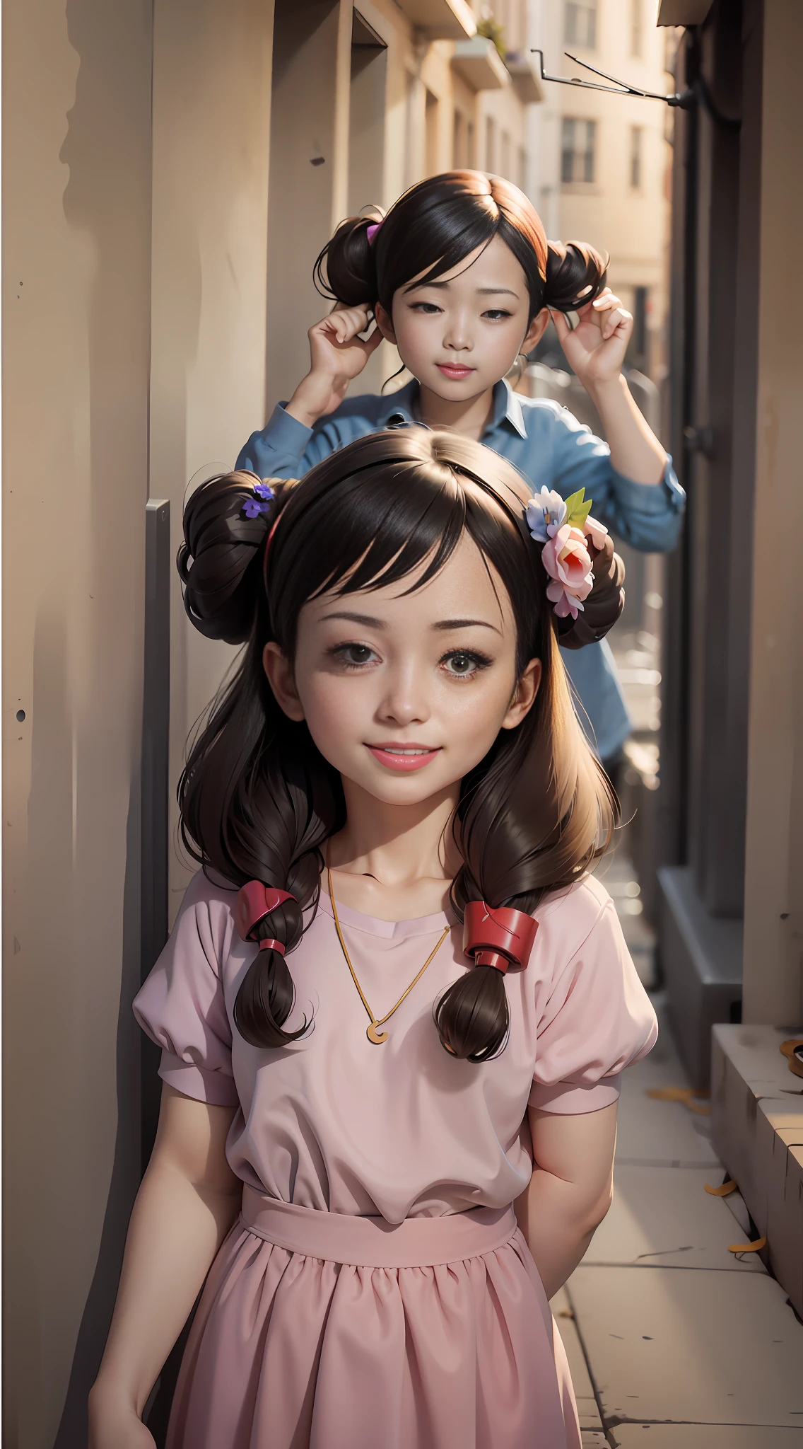 There are two girls next to each other on the sidewalk smiling, Guweiz style art, 3D style realistic anime, Kawaii realistic portrait, cute girl painting smiling realistic, adorable digital painting, smiling, hyper realistic anime, Yanjun Chengt, Ross Tran 8K, 3D Realistic Anime, children's art in ArtStation, Loish and Ross Tran, smiling girls