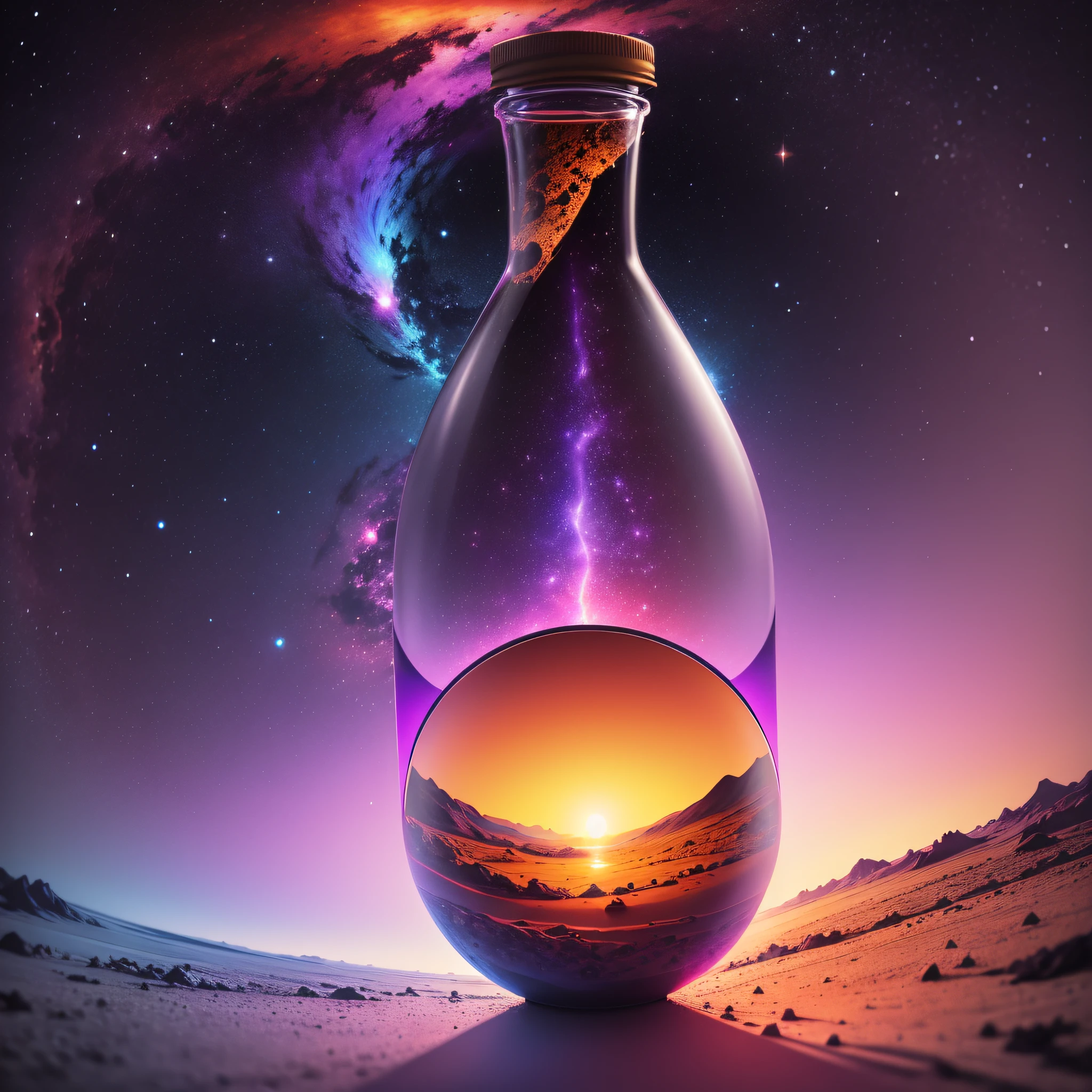 View of a red planet from inside a glass bottle in a purple, yellow and blue world. Neon colors. --auto --s2