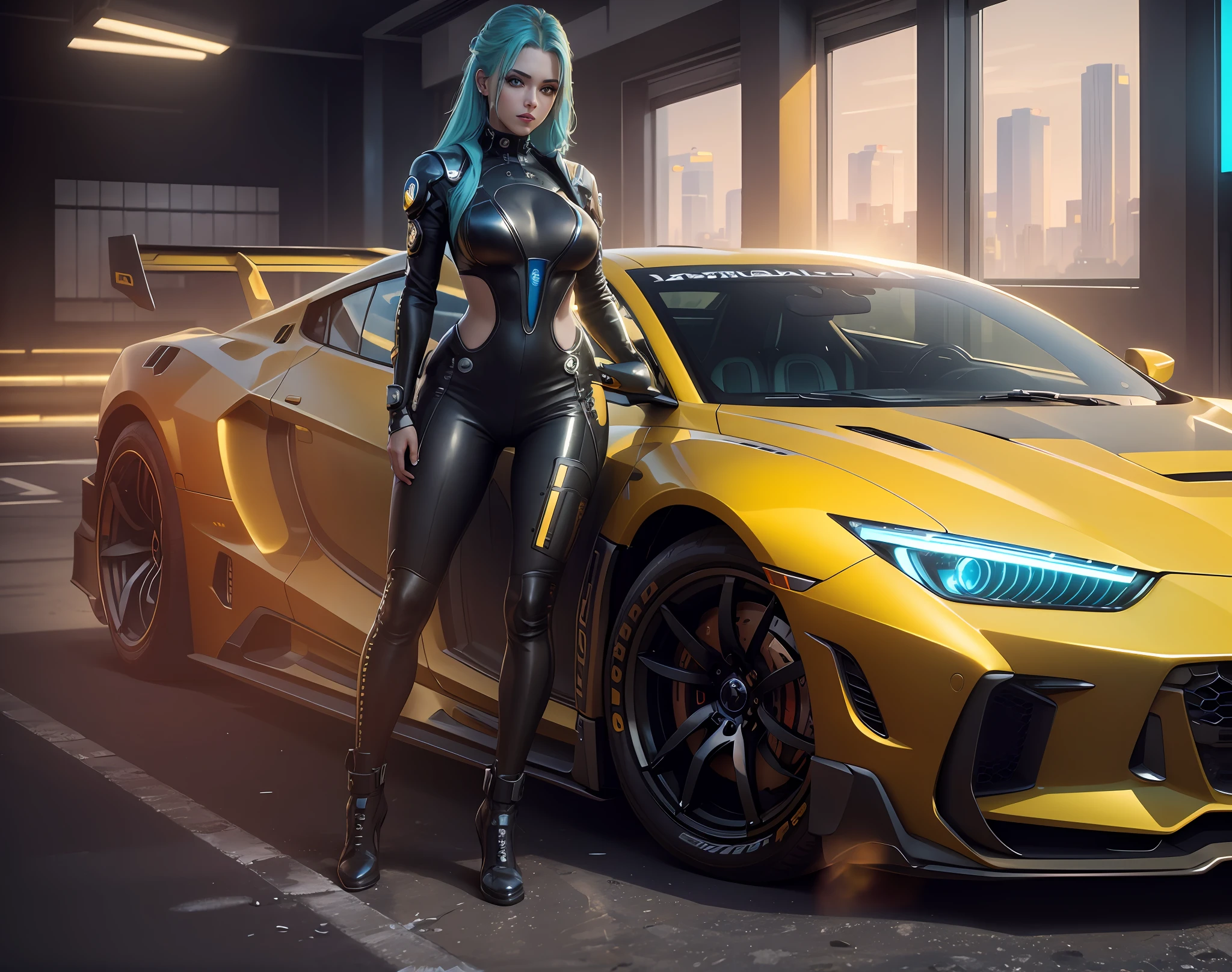(masterpiece)+, (Best Quality)+, (Complex detail)+, cyberpunk car, a beautiful girl with detailed face posing next to the car yellow paint, showroom concept, lens flare, camera artifact, professional photographer, 4k, HDR, longitudinal symmetry --auto --s2