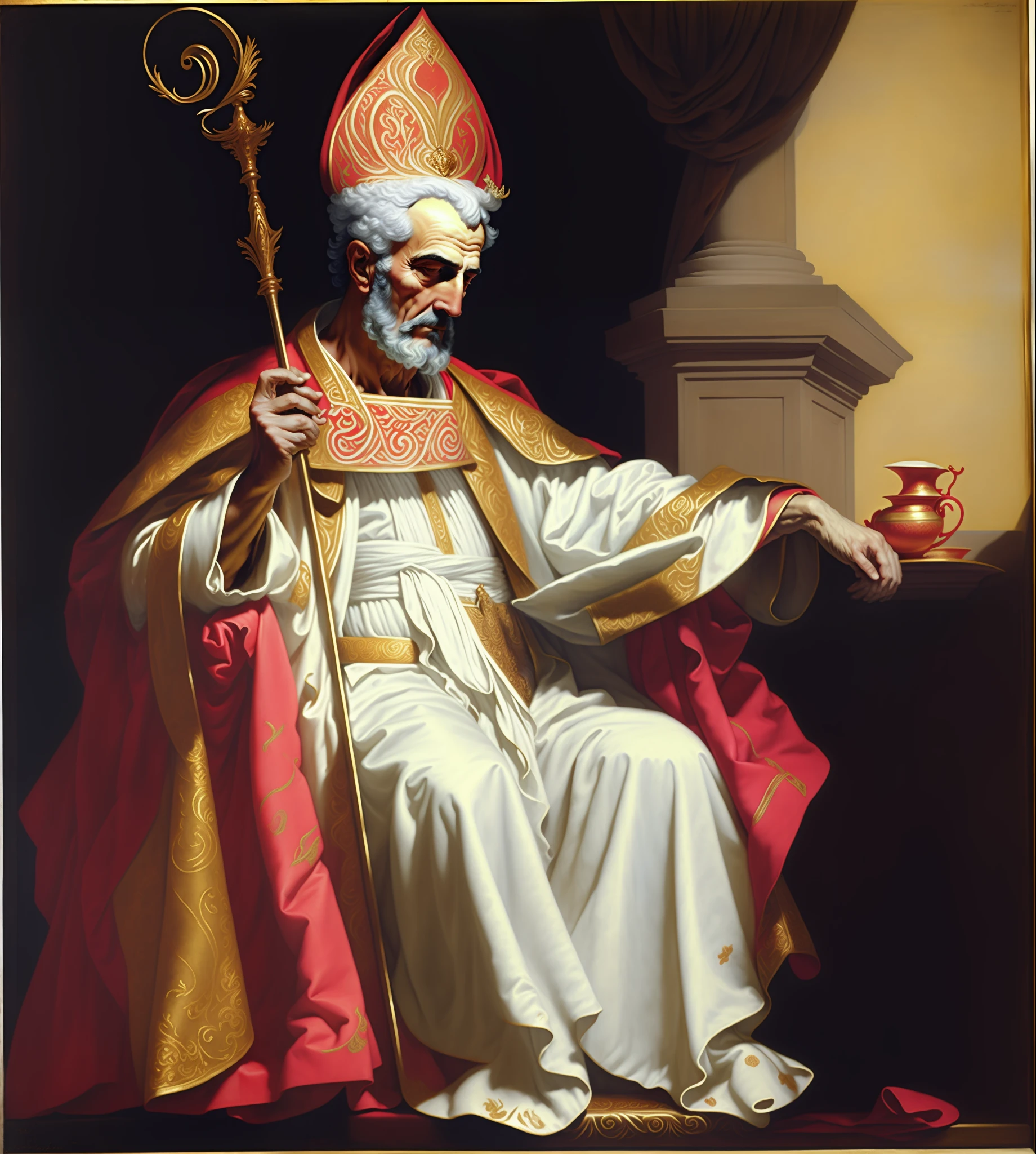 arafed image of a painting of a man in a white robe and a red robe, by Giovanni Bernardino Asoleni, by Cristofano Allori, by Giovanni Bernardino Mazzolini, by Salomon de Bray, by Antonio de la Gandara, by Hendrick Bloemaert, by Abraham Bloemaert, by Giovanni Bernardino Azzolini