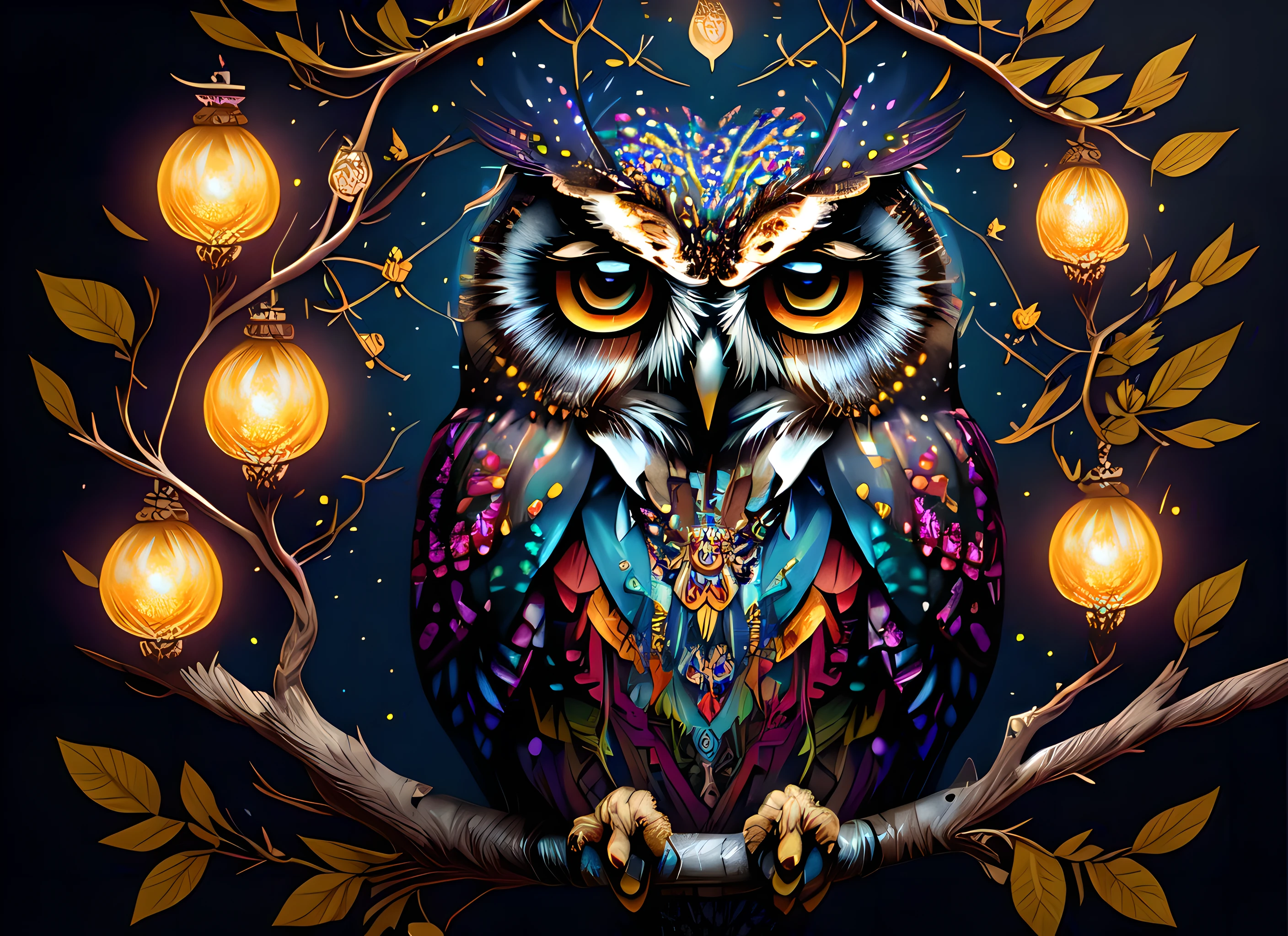 style-paintmagic vector art of an owl perched on a branch, fantastical, highres, sharp focus, absurdres, after hours, dark, darkness, nighttime