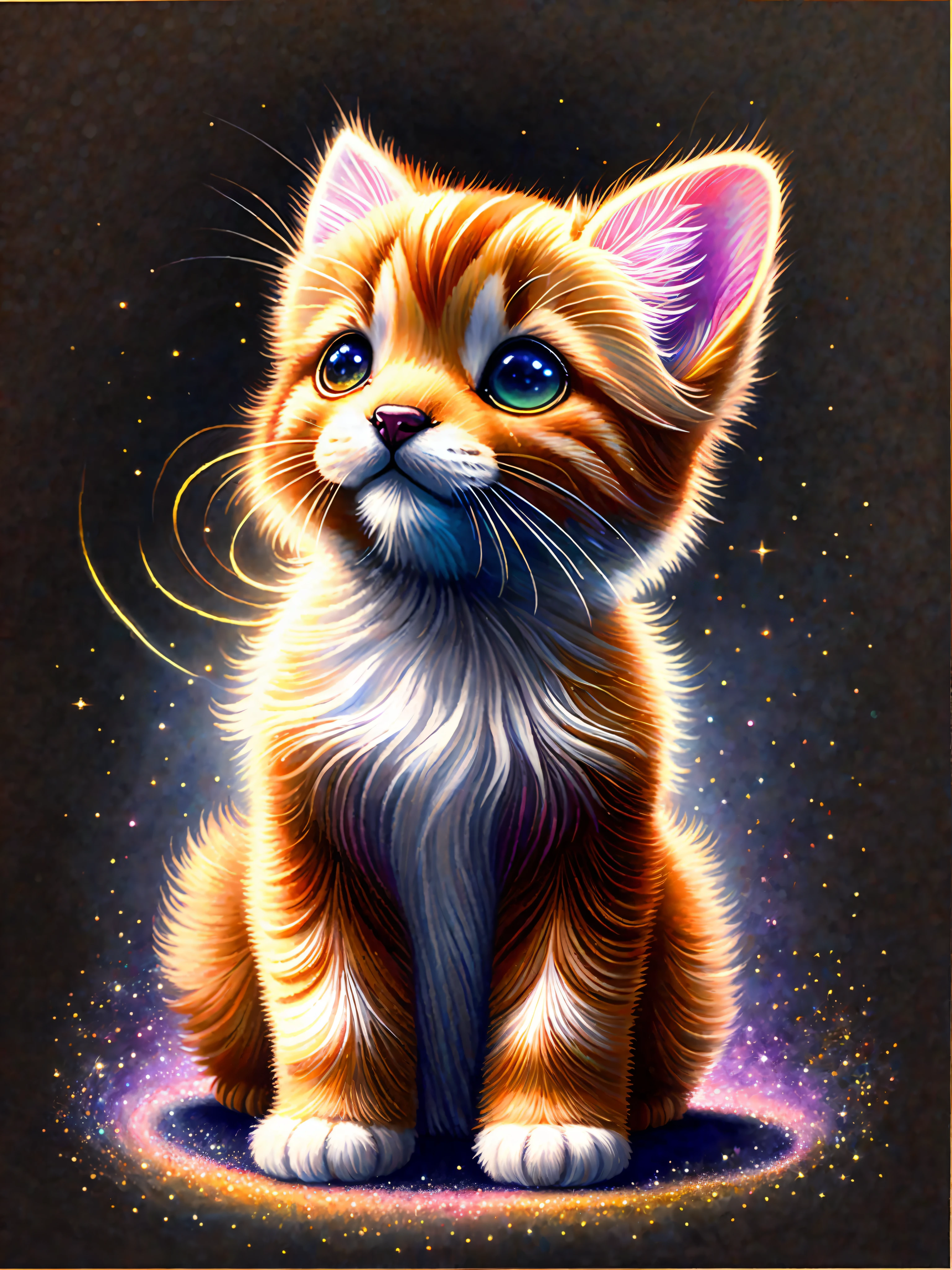 a painting of a colorful tabby poney puppy on a black background,, breathtaking rendering, within a radiant connection, inspired by Kinuko Y. Craft,, magical elements, kitten icon, wow, is gorgeous, casting a multi colorful spell, bright flash, flash