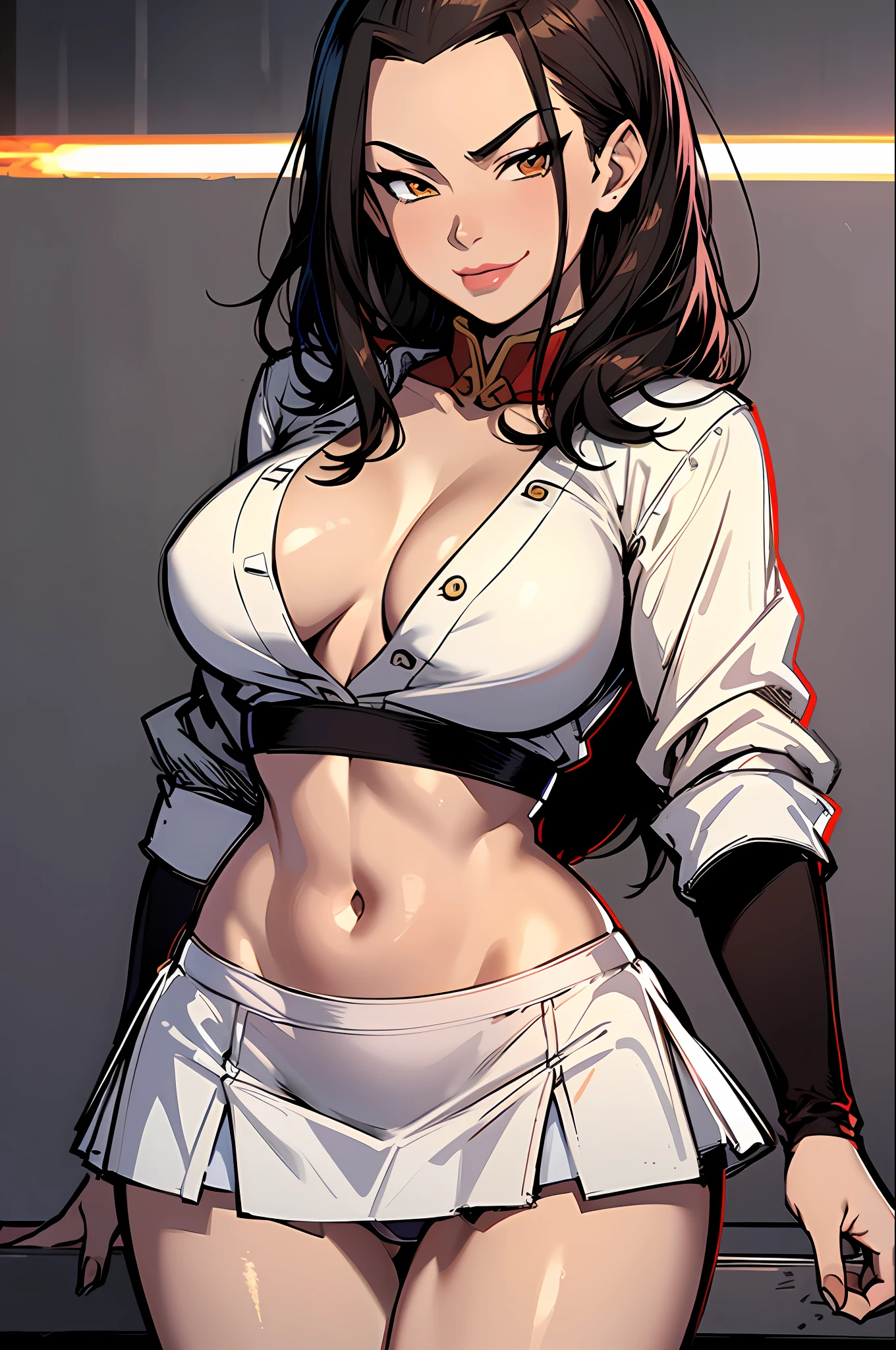 Masterpiece, Best Quality, Solo, 1girl, Azula, Closed Mouth, Smirk, Makeup, Neckline, (White Shirt, Extra Short Miniskirt, Panties), Wide Hips, Ass, Big Ass. standing, legs apart, lipstick, looking at the viewer, fire, simple background, erotica, gyaru, girl-whore