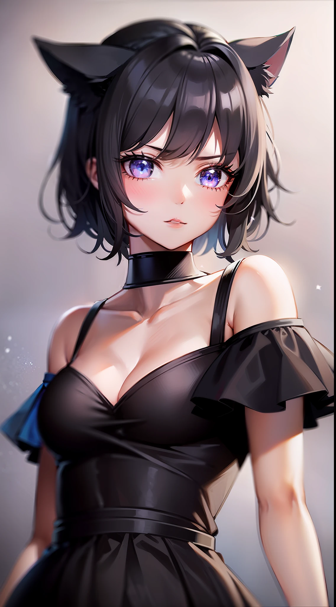 Young girl, short black hair, high ponytail, blue eyes, cat ears, dark dress, open shoulders, stern look, masterpiece, high quality