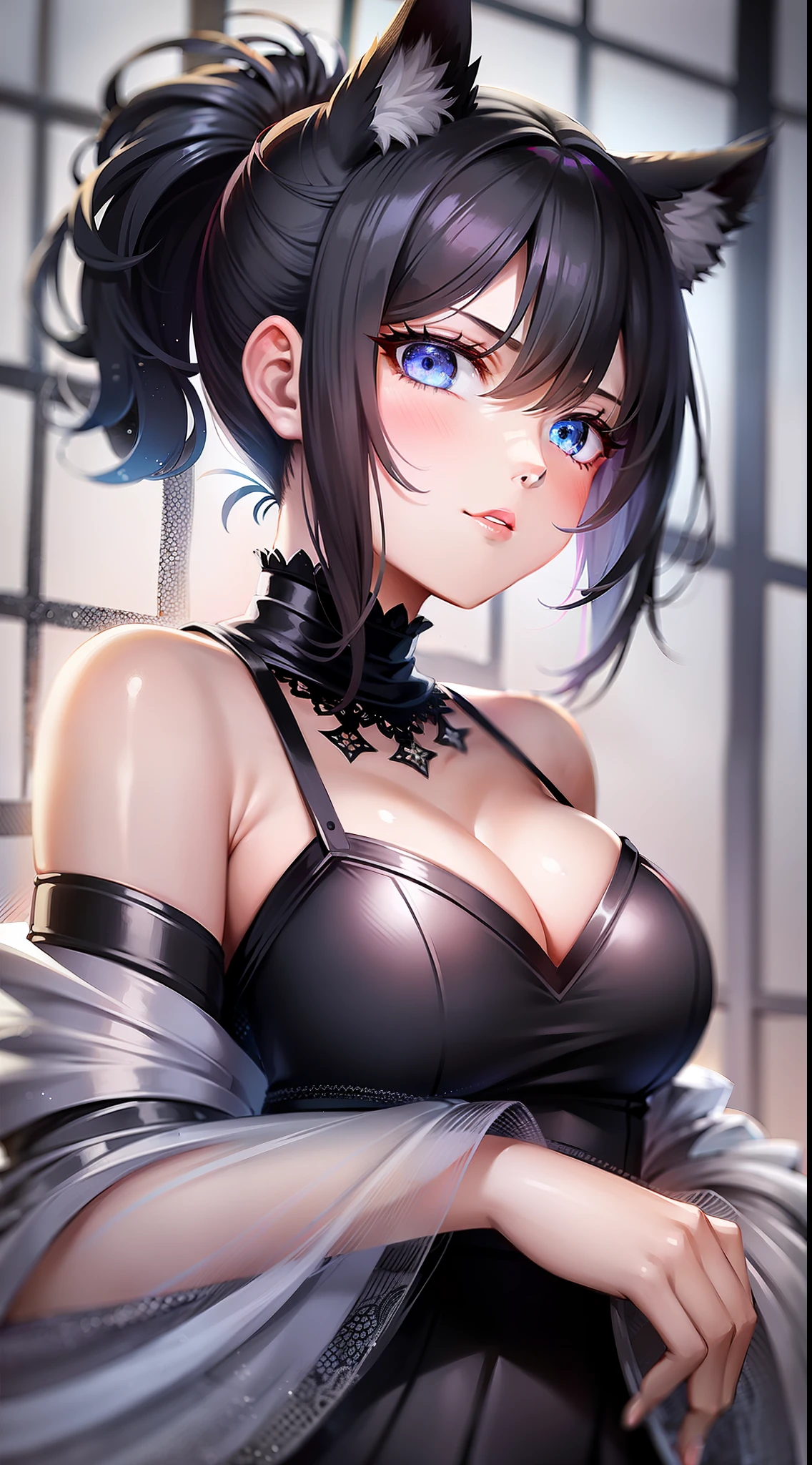 Young girl, short black hair, high ponytail, blue eyes, cat ears, dark dress, open shoulders, stern look, masterpiece, high quality