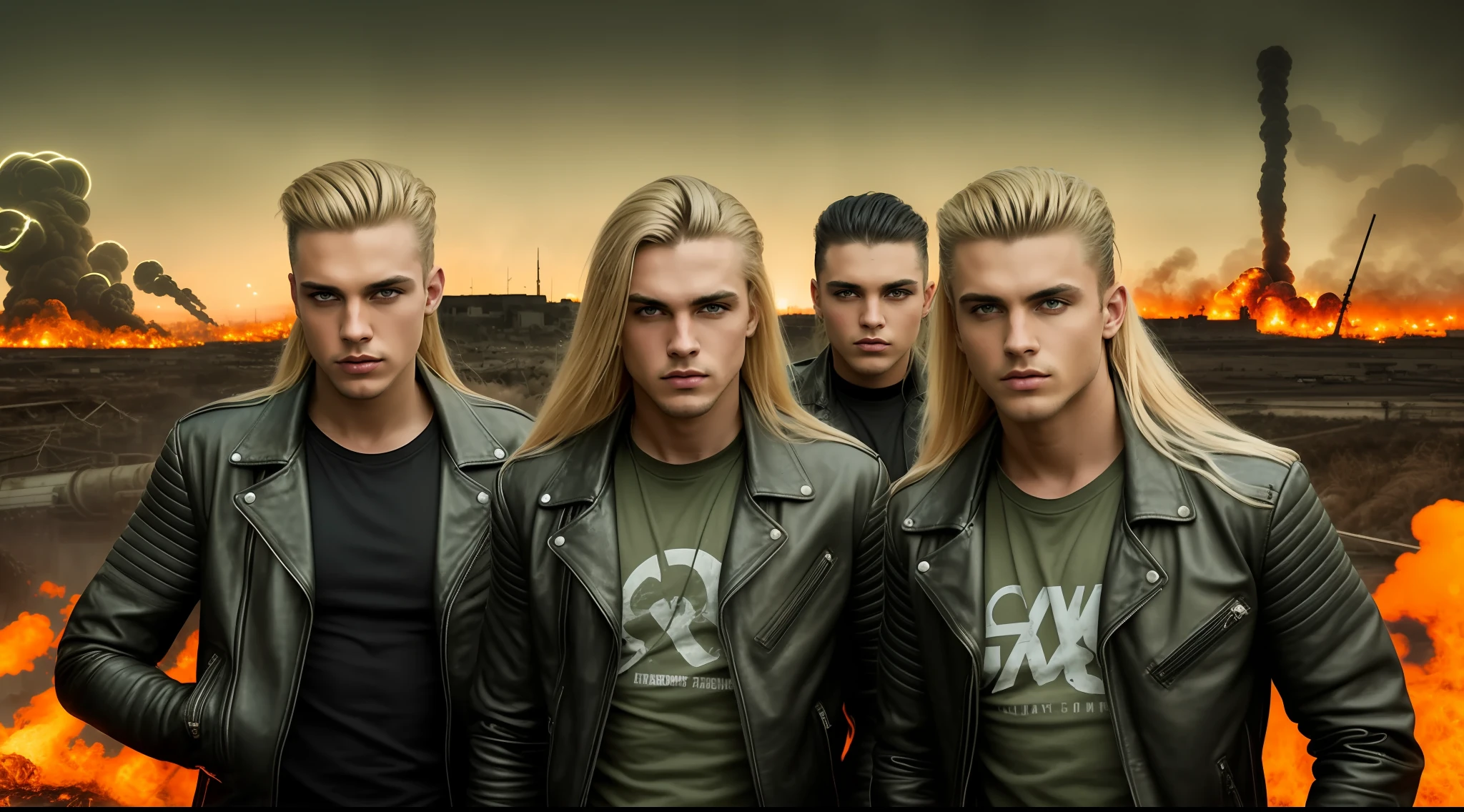 RAW, Award-winning Glamour photography of 3 three boys leather jacket black t-shirt and jeans, long blonde hair, close up, portrait, hyper-detailed, camouflaged, post-apocalyptic, nuclear Armageddon, burning cityscape background at night, sandy, dirt, mushroom cloud, swollen, erect, lots of green flames.