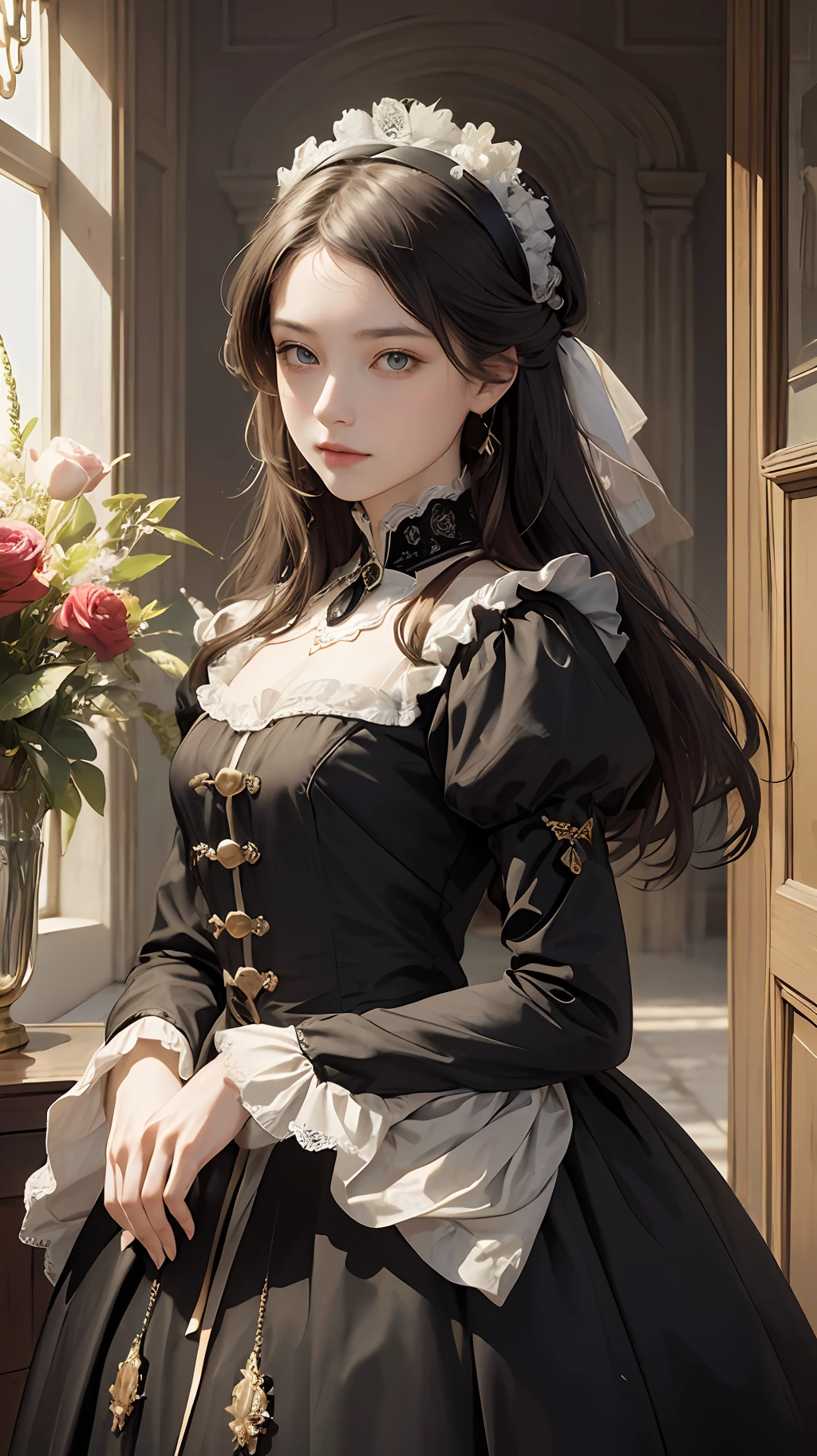 (Pure Color: 0.9), (Color: 1.1), (Masterpiece: 1,2) 30 years old, Best Quality, Masterpiece, High Resolution, Original, Highly Detailed Wallpaper, Beauty, Victorian, Dress, Melancholy, Sepia Color, 30 years old --auto --s2