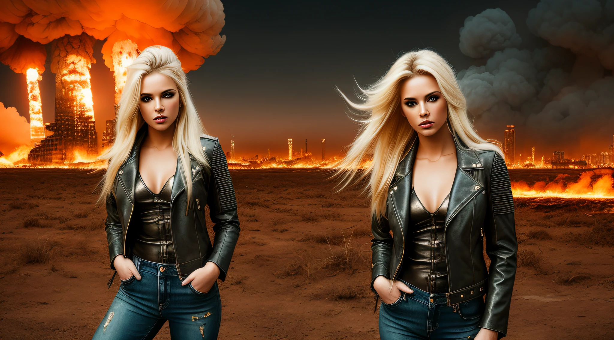RAW, Photography Glamour award-winning blonde woman leather jacket and jeans, long blonde hair, close up, portrait, hyper-detailed, camouflaged lingerie, post-apocalyptic, nuclear Armageddon, burning cityscape background at night, sandy, dirt, mushroom cloud, swollen, erect